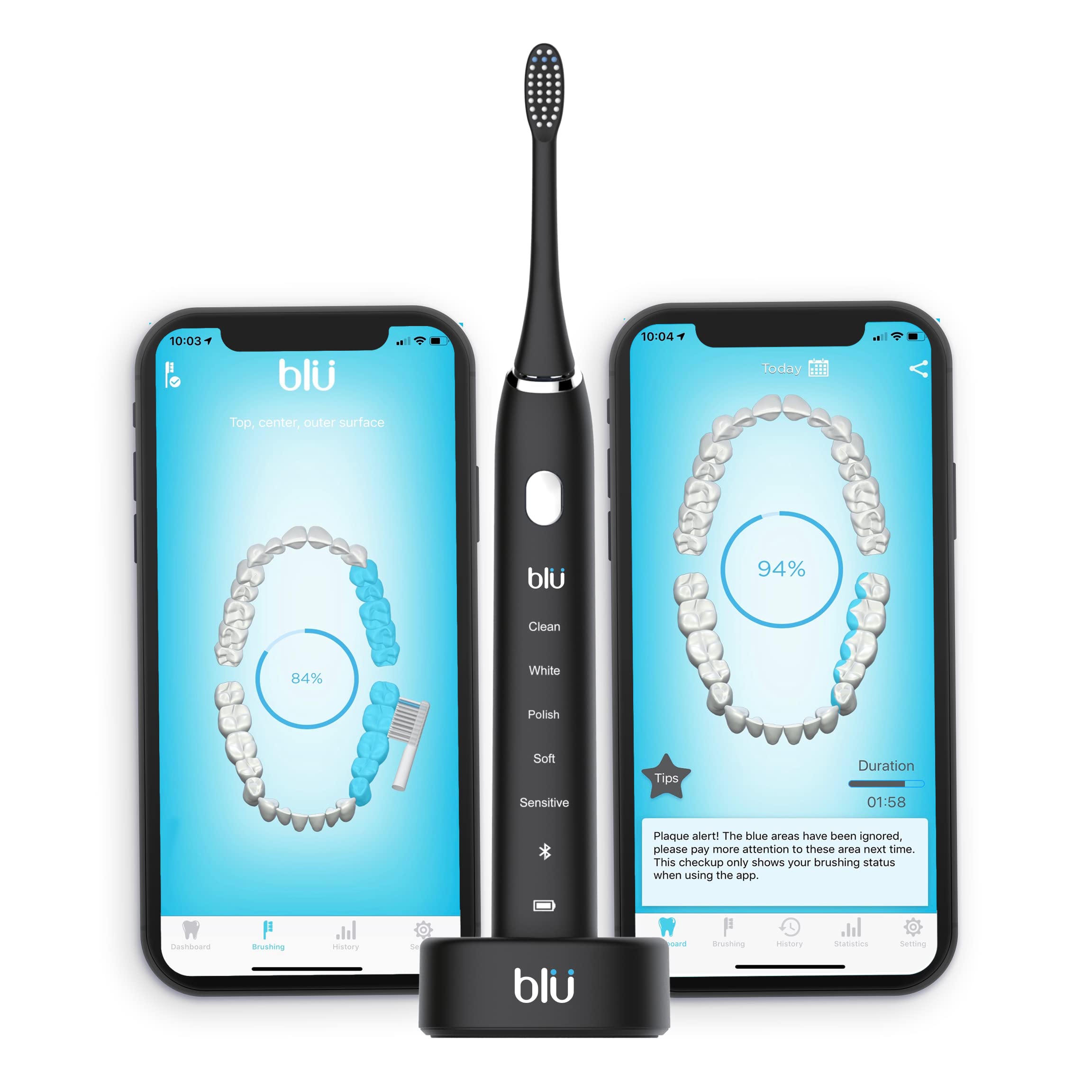 Blu Smart Electric Toothbrush for Adults - Sonic Power Toothbrush with Bluetooth App & Live Tracking Technology (Black) - Perfect for Travel, Home & Daily Oral Care Routine