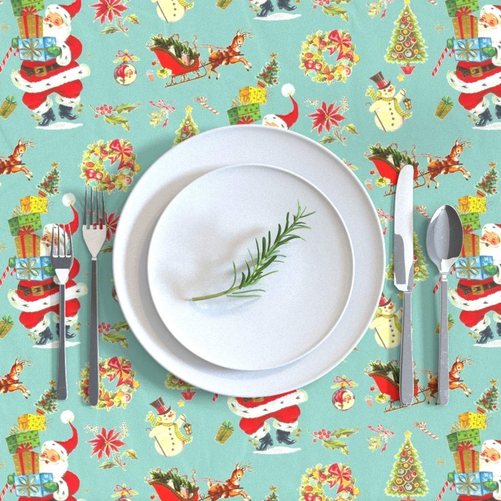 Premium Cotton Sateen Tablecloth 70x144 Inches - Vintage Christmas Santa Ornaments Tree Claus Holiday Print Custom Dining Table Linens | Perfect for Holiday Parties, Family Gatherings & Festive Home Decor