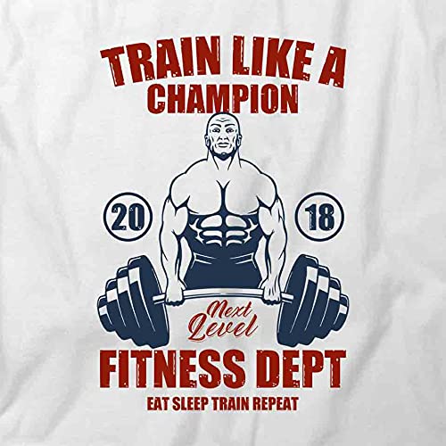Train Like A Champ Fitness Dept T-Shirt - White Printed Graphic Tee for Gym, Workout & Casual Wear | Men's Athletic Training Shirt