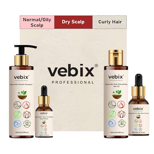Vebix Professional Ayurvedic Hair Care Kit - Neem Oil, Lotus Shampoo, Hair Growth Serum & Face Glow Serum for Hair Fall Control (280ml, Dry Hair) | Natural Anti-Hair Loss Treatment for Daily Hair & Skin Care Routine