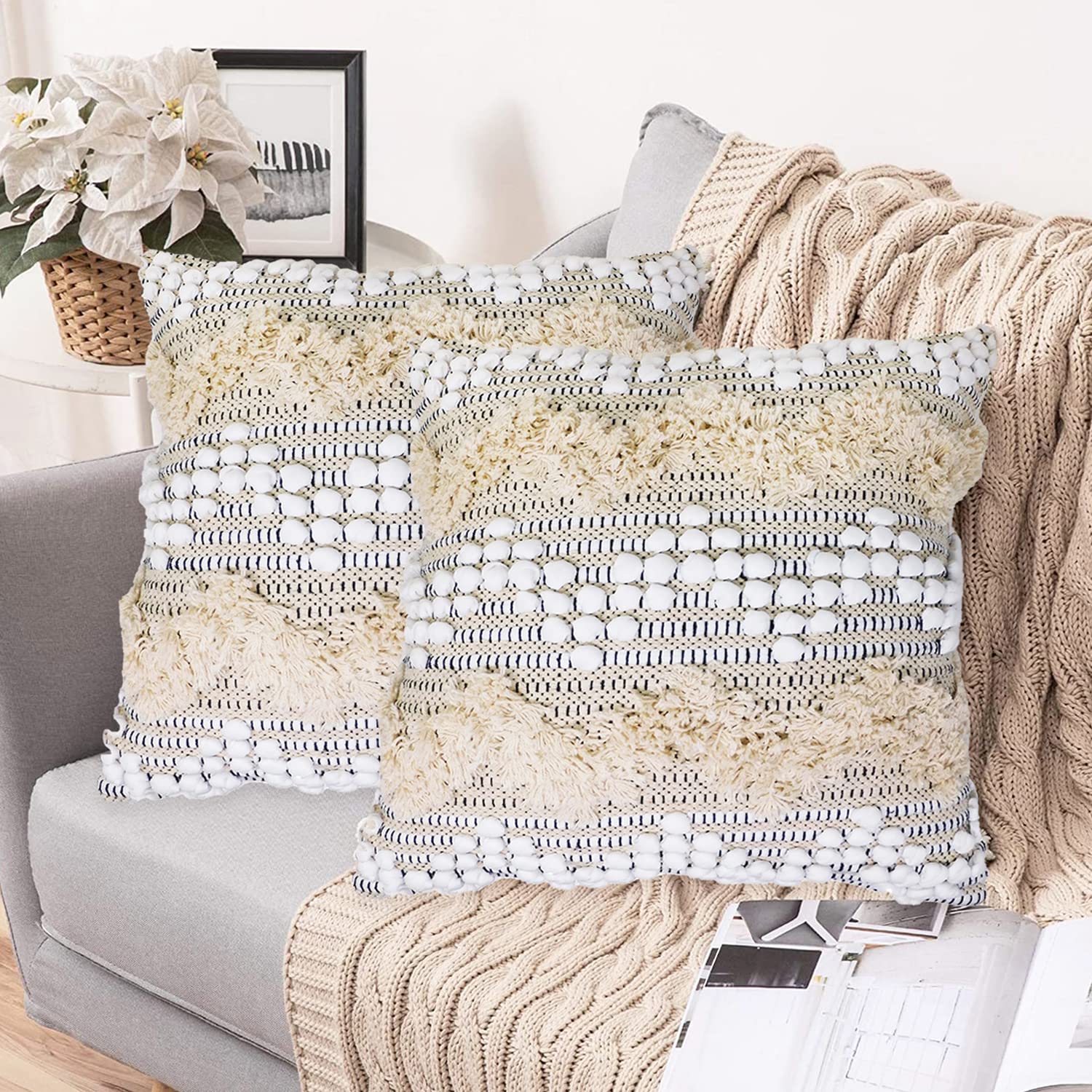 Bohemian Fringe Cotton Throw Pillow Covers 18x18 Inches - Pack of 2 Decorative Square Pillowcases for Couch, Sofa, Living Room & Bedroom - Boho Zigzag Design Home Decor (Perfect for Bohemian Style Interiors & Cozy Home Accents)