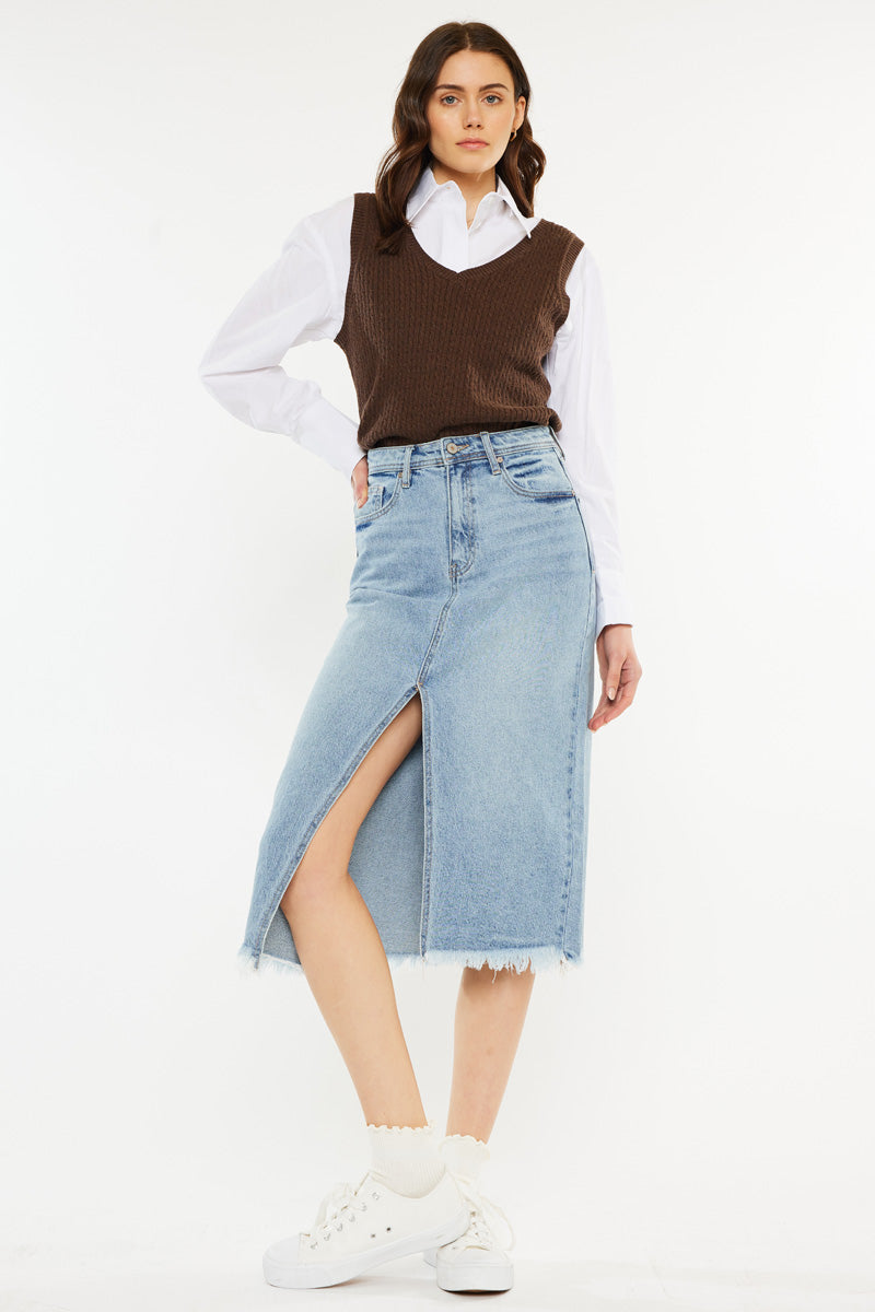 Indigo High Rise Midi Skirt for Women - Stretchy A-Line Denim Skirt with Pockets | Perfect for Casual Outfits, Office Wear & Date Nights