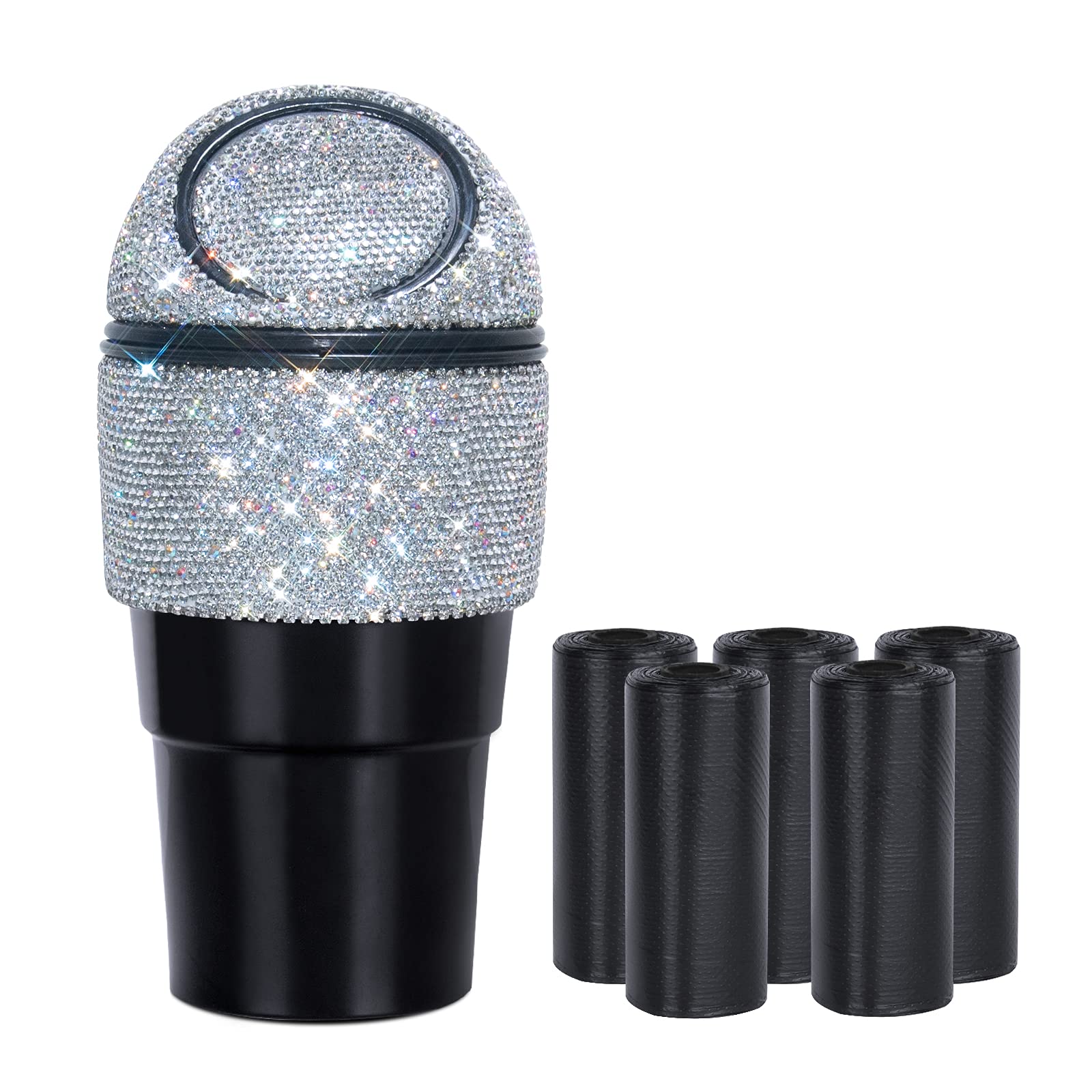 Bling Crystal Car Trash Can with Lid - Mini Auto Garbage Bin for Car, Office & Home - Includes 5 Pack Disposable Bags - Perfect for Women's Vehicles & Cup Holder Use - Silver