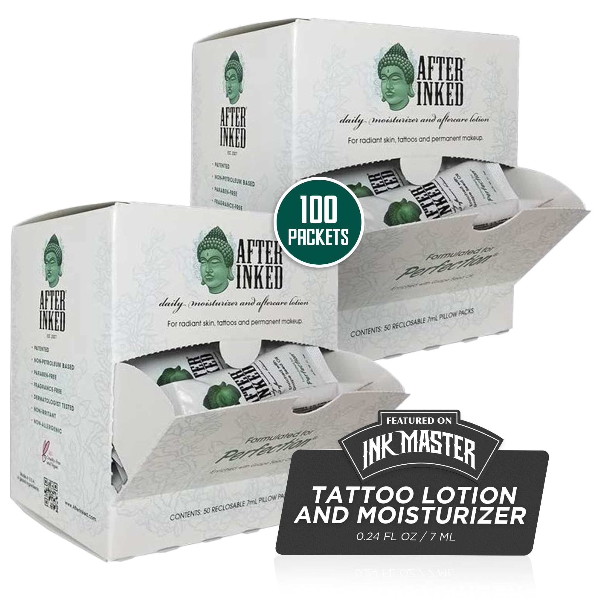 After Inked Tattoo Aftercare Lotion - Moisturizing Balm with Grape Seed Oil, Hydrating Cream for Skin Nourishment & Daily Tattoo Maintenance (100-Pack, 7ml) | As Seen on INK MASTER | Perfect for New Tattoos, Dry Skin & Tattoo Aftercare Routine