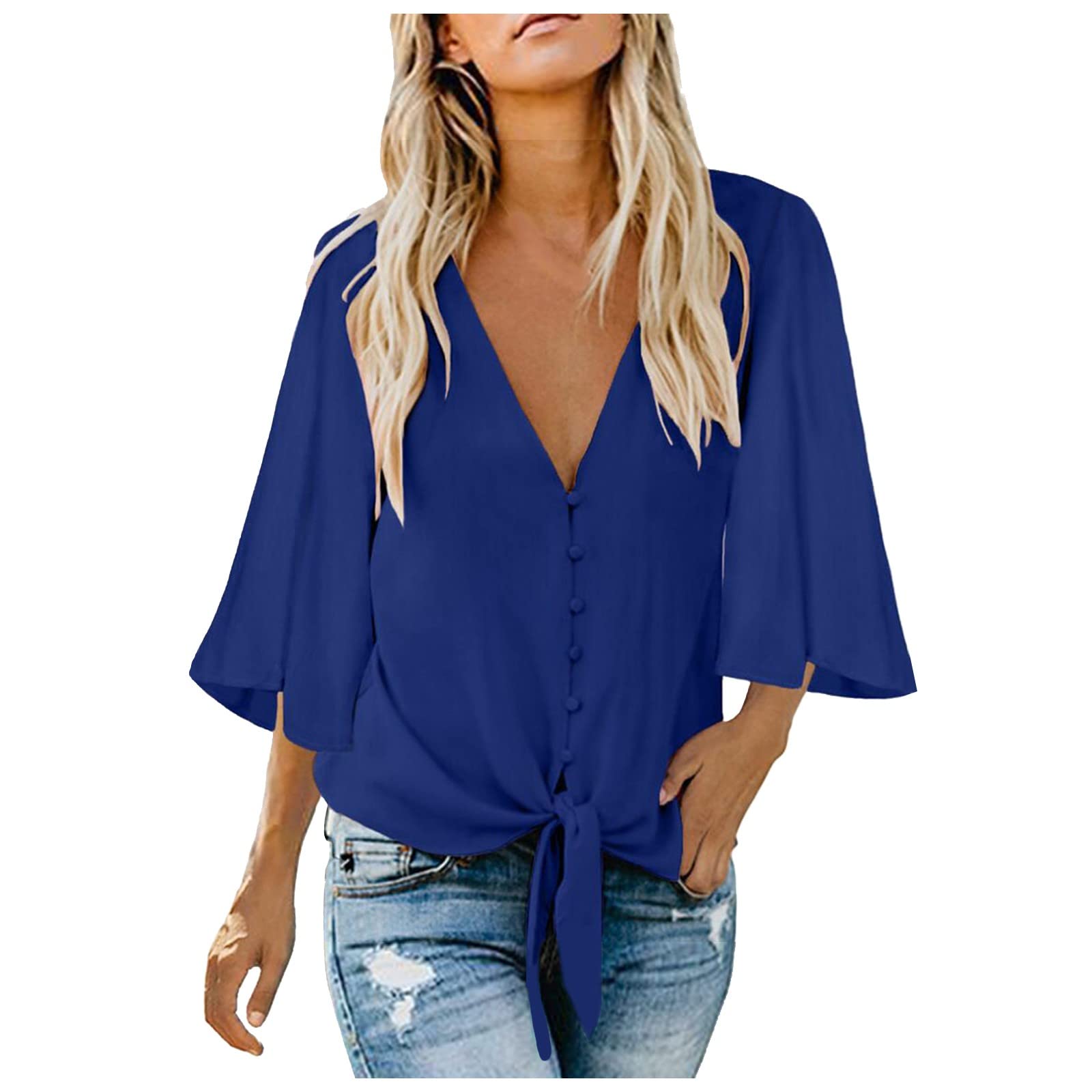 Eaktool Women's Summer Blouses - 3/4 Bell Sleeve Solid Color Button Down Shirts for Casual & Office Wear | Fashion Tops for Women