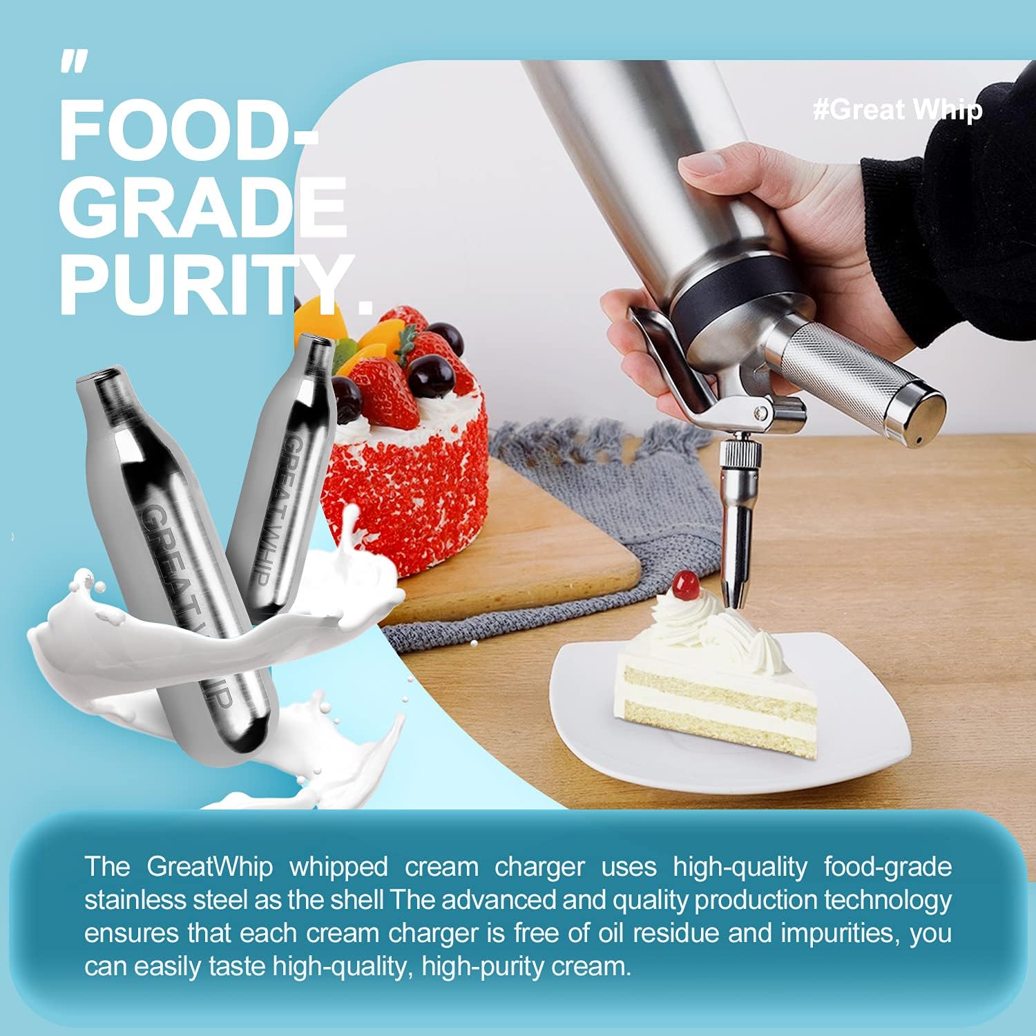 Premium GreatWhip N2O Cream Chargers 300 Count (8.2g) - Food Grade Nitrous Oxide Cartridges for Whipped Cream Dispensers - Perfect for Baking, Desserts & Coffee Shops