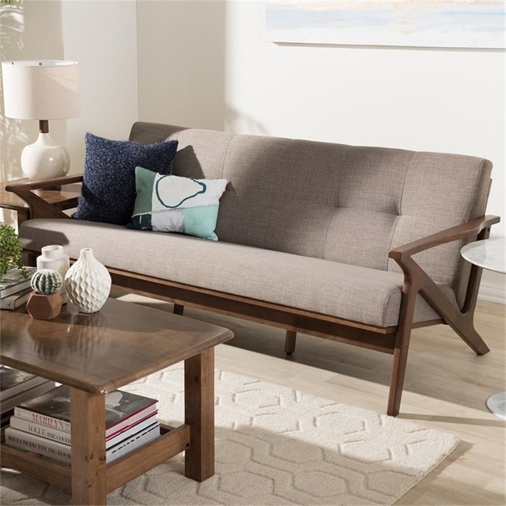 BOWERY HILL Light Gray Fabric Sofa with Walnut Brown Wooden Legs - Modern Living Room Furniture for Small Spaces & Apartments