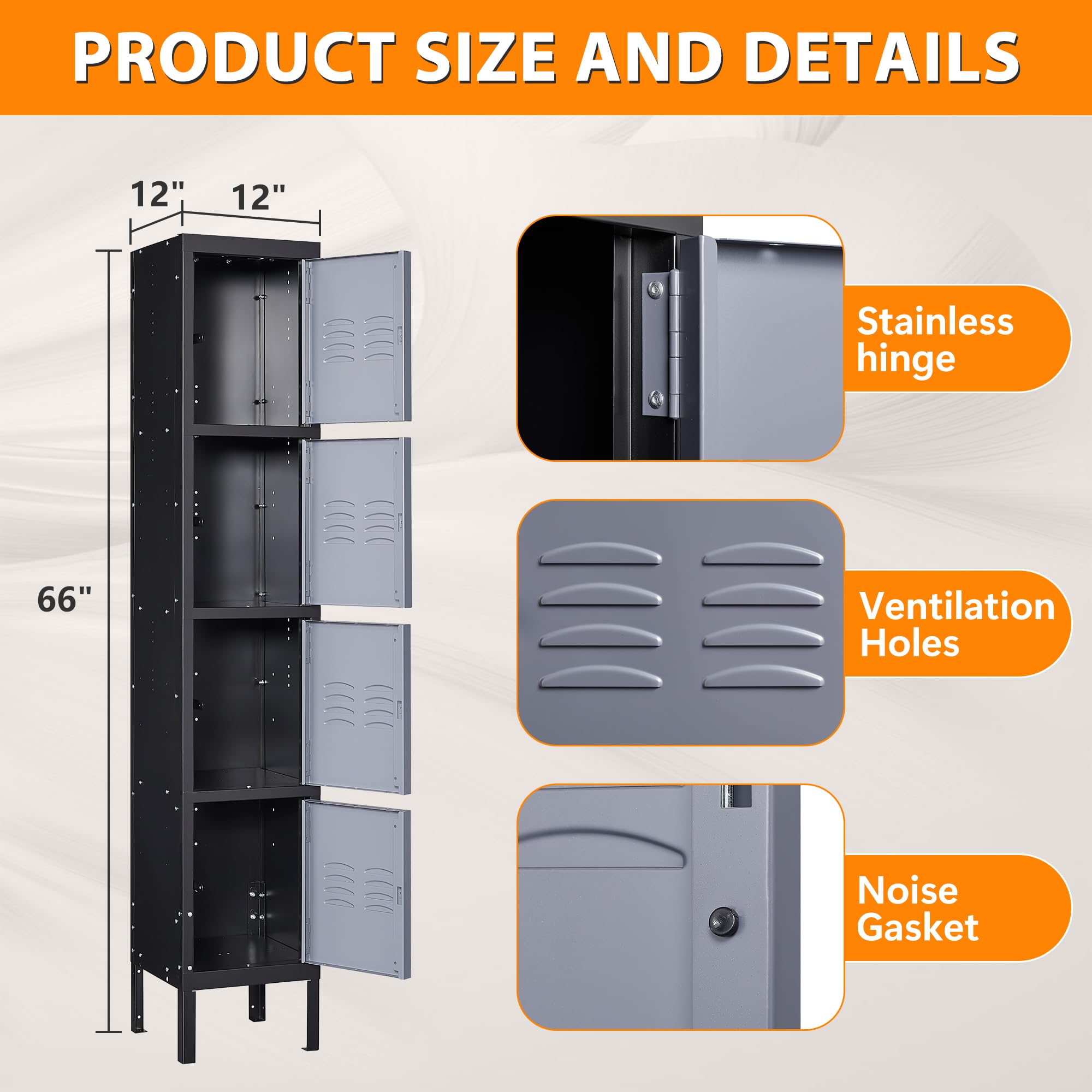 4-Door Metal Storage Locker Cabinet - Heavy Duty Steel Lockers for Home, Gym, Office, School & Garage - Easy Assembly Required (Black & Grey) - Perfect for Employee Storage, Sports Equipment Organization & Secure Valuables Protection