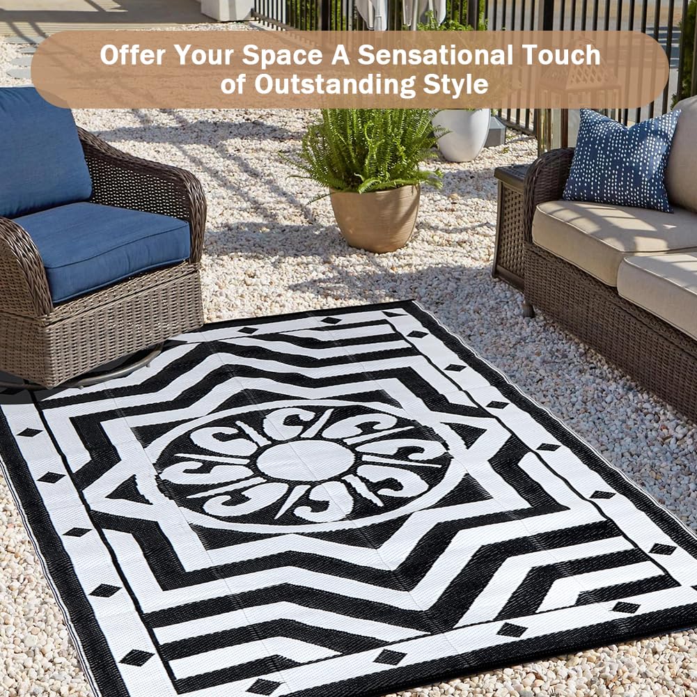 5'x8' Reversible Outdoor Rugs - Waterproof Plastic Straw Patio Mat for Indoor/Outside Use, RV, Deck, Picnic, Beach, Camping - Black & White | Perfect for Backyard, Poolside & Trailer Living