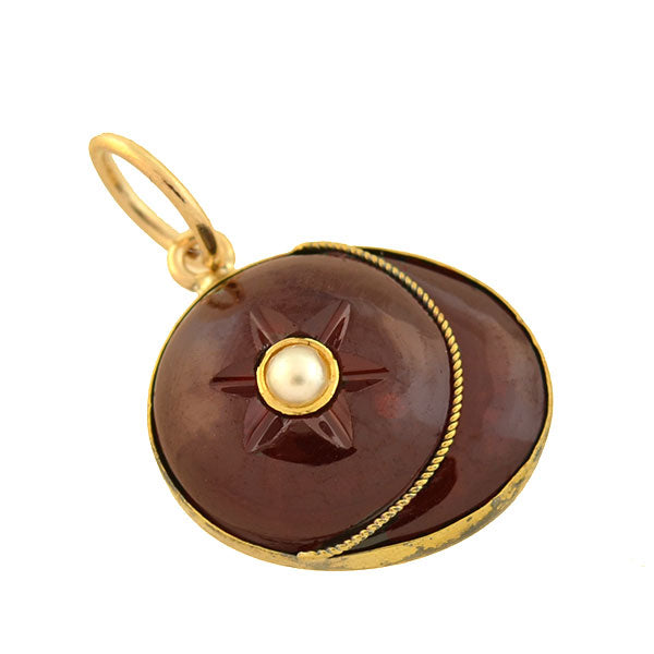 Victorian Style 14K Gold Carved Garnet and Pearl Jockey Cap Charm Pendant - Elegant Jewelry Gift for Equestrian Lovers, Perfect for Necklaces & Charm Bracelets