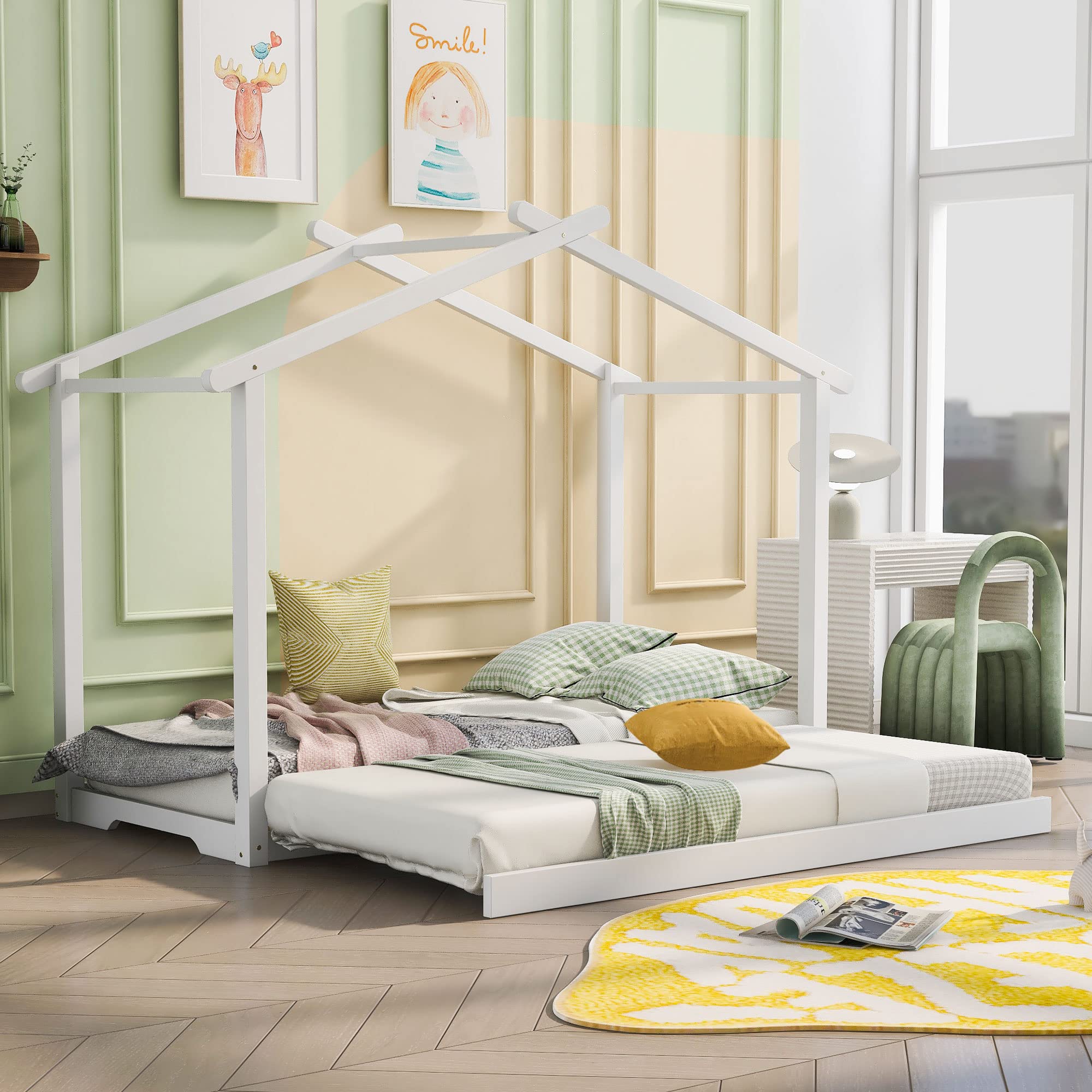 House Platform Bed with Trundle - Roof Design Wood Frame for Kids & Teens - Twin XL/King Size with Wood Slats Support - Perfect for Bedrooms, Playrooms & Sleepovers (White)