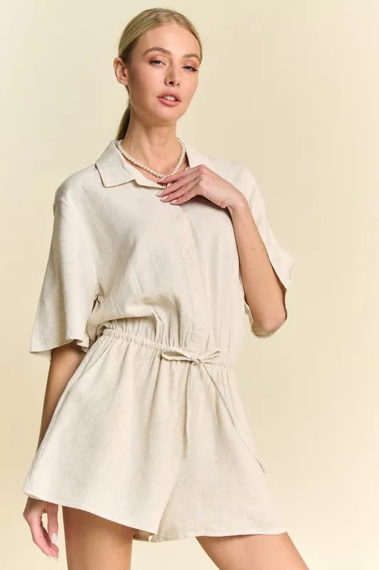 Stylish Women's Drawstring Waist Button Down Shirt Romper Jumpsuit - Casual Summer Outfit for Beach, Travel & Date Night