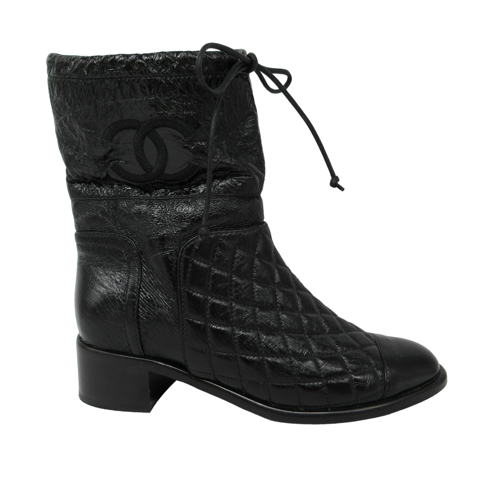 Chanel Black Matelasse Quilted Patent Leather Cap Toe Block Heel Mid Calf Boots for Women | Luxury Designer Boots for Fall Winter Fashion, Office Wear & Evening Outfits