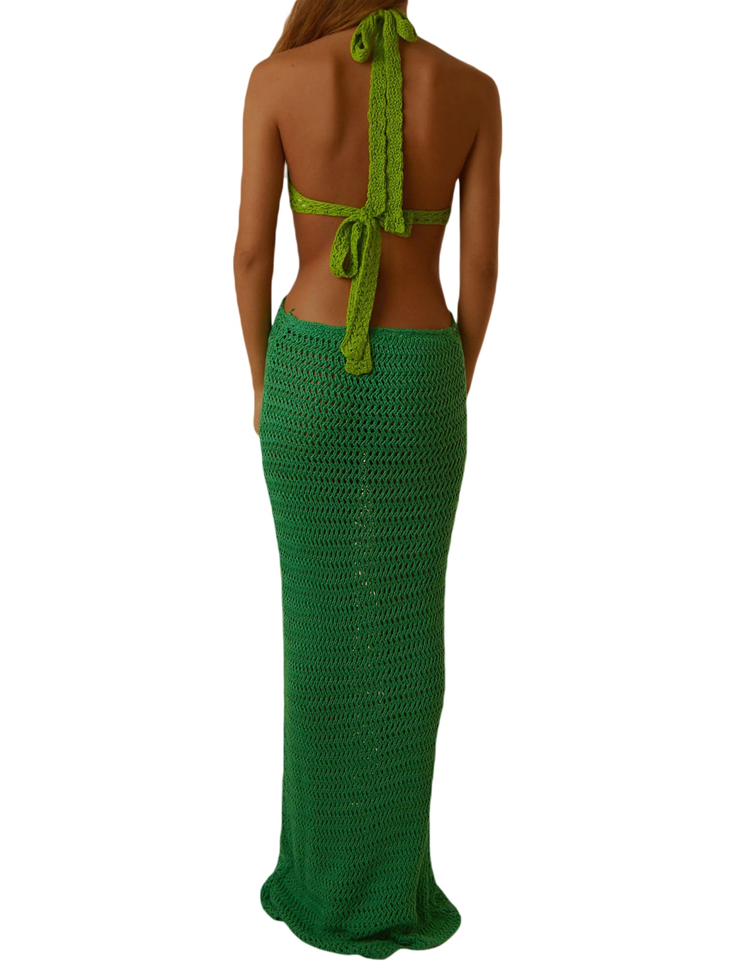 Elegant Women's Halter Neck Hollow Out Knit Long Dress - Summer Solid Backless Bodycon Maxi Dress for Club Party, Beach Vacation & Evening Events | Sexy Sundress for Women