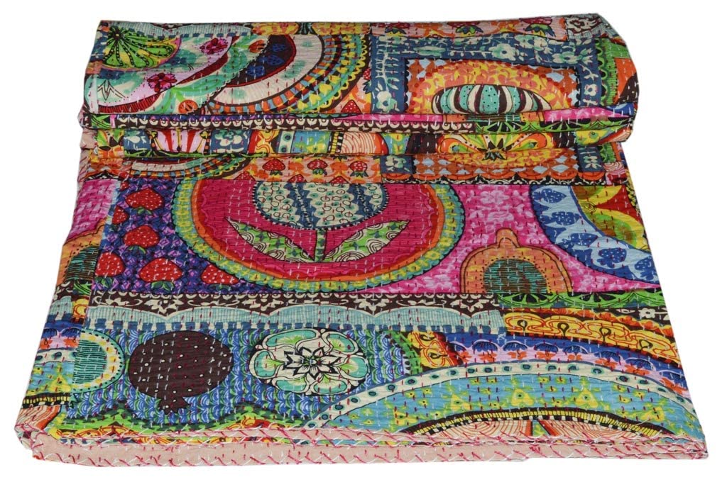 YUVANCRAFTS Handmade Indian Patchwork Cotton Kantha Quilt - Vintage Multicolor Traditional Bedspread for Queen Size Beds (90