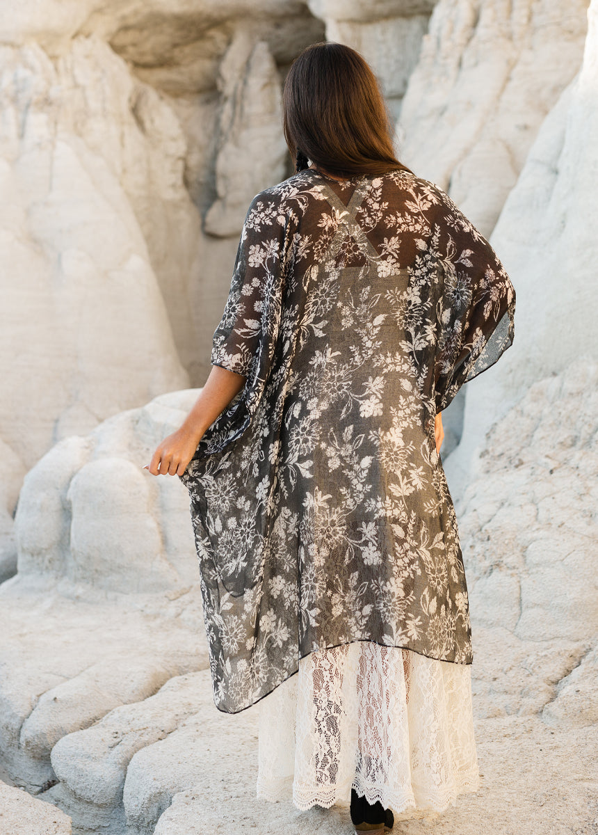 Women's Avalon Duster Coat - Black Block Print Boho Kimono Cardigan | Perfect for Layering, Beach Cover-Up & Casual Outfits