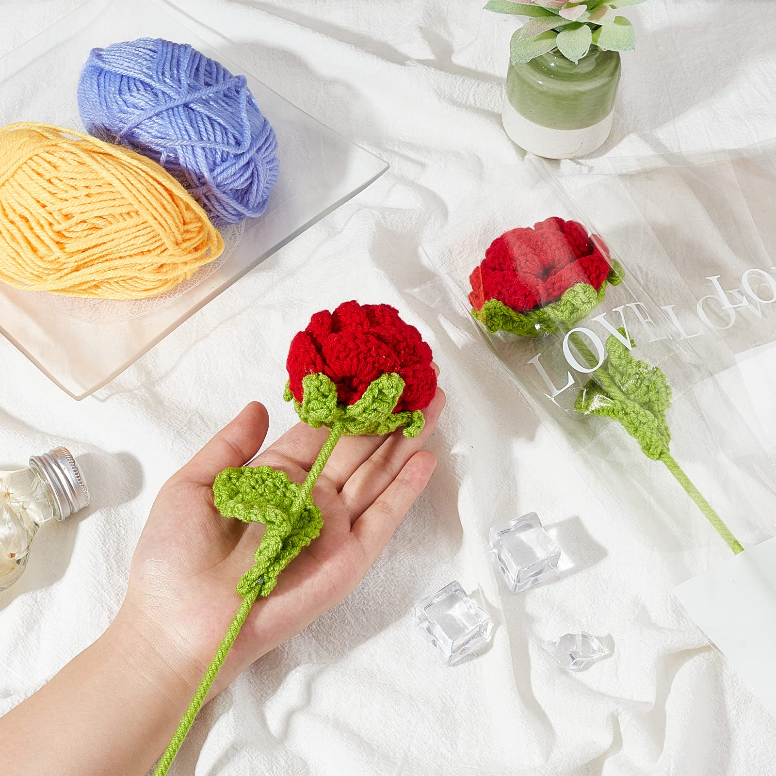 Handmade Knitted Rose Flower - 2pcs Set with Gift Bag, Artificial Crochet Red Roses for Wife, Girlfriend, Lovers - Perfect for Birthday, Anniversary, Valentine's Day & Romantic Home Decor