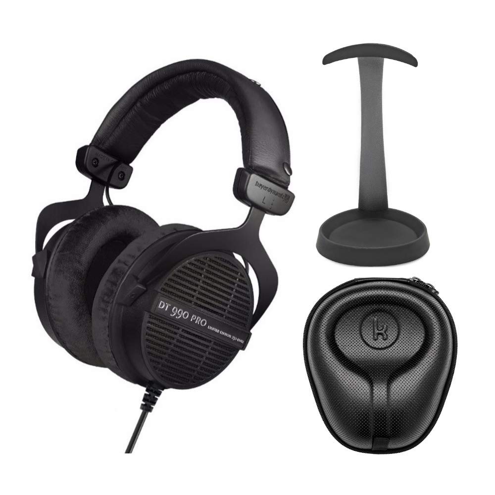Beyerdynamic DT 990 PRO Studio Headphones - Premium Over-Ear Headset for Music Production & Gaming (Limited Ninja Black Edition) with Aluminum Stand & Hard Case Bundle - Perfect for Home Studio, Recording & Professional Audio Work