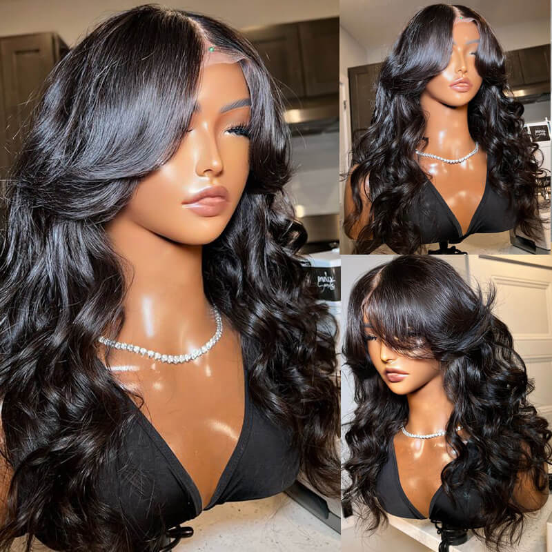 Eullair Loose Wave Human Hair Wig with Layered Cut & Curtain Bangs | Pre-Cut Lace Front Wig for Women | Perfect for Daily Wear, Cosplay & Special Occasions
