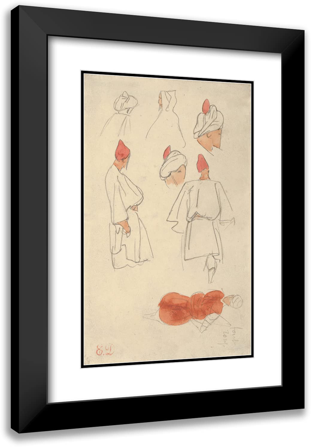 Eugène Delacroix Moroccan Costume Art Print - 16x24 Black Modern Framed Museum Quality Reproduction | Seven Studies of Moroccan Men's Costume (1832) | Perfect for Home Decor, Office Wall Art & Gift Giving