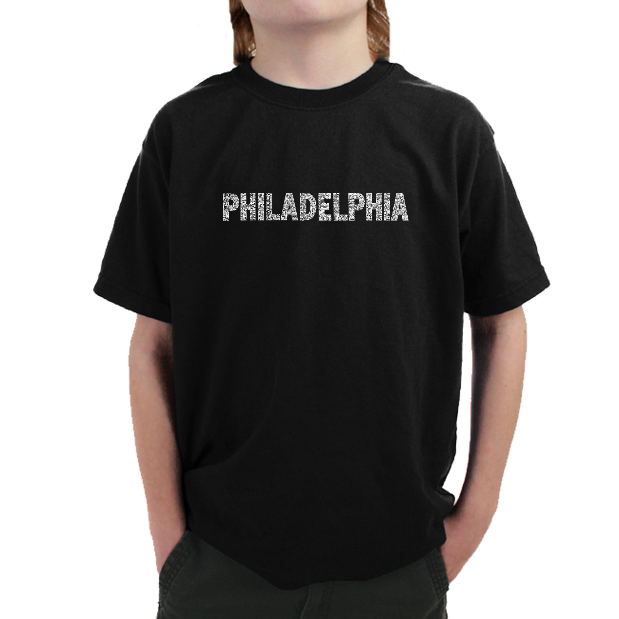 LA POP ART Boys Word Art T-Shirt - Philadelphia Neighborhoods Graphic Tee | Trendy Urban Streetwear for Kids | Perfect for School, Playdates & City Adventures