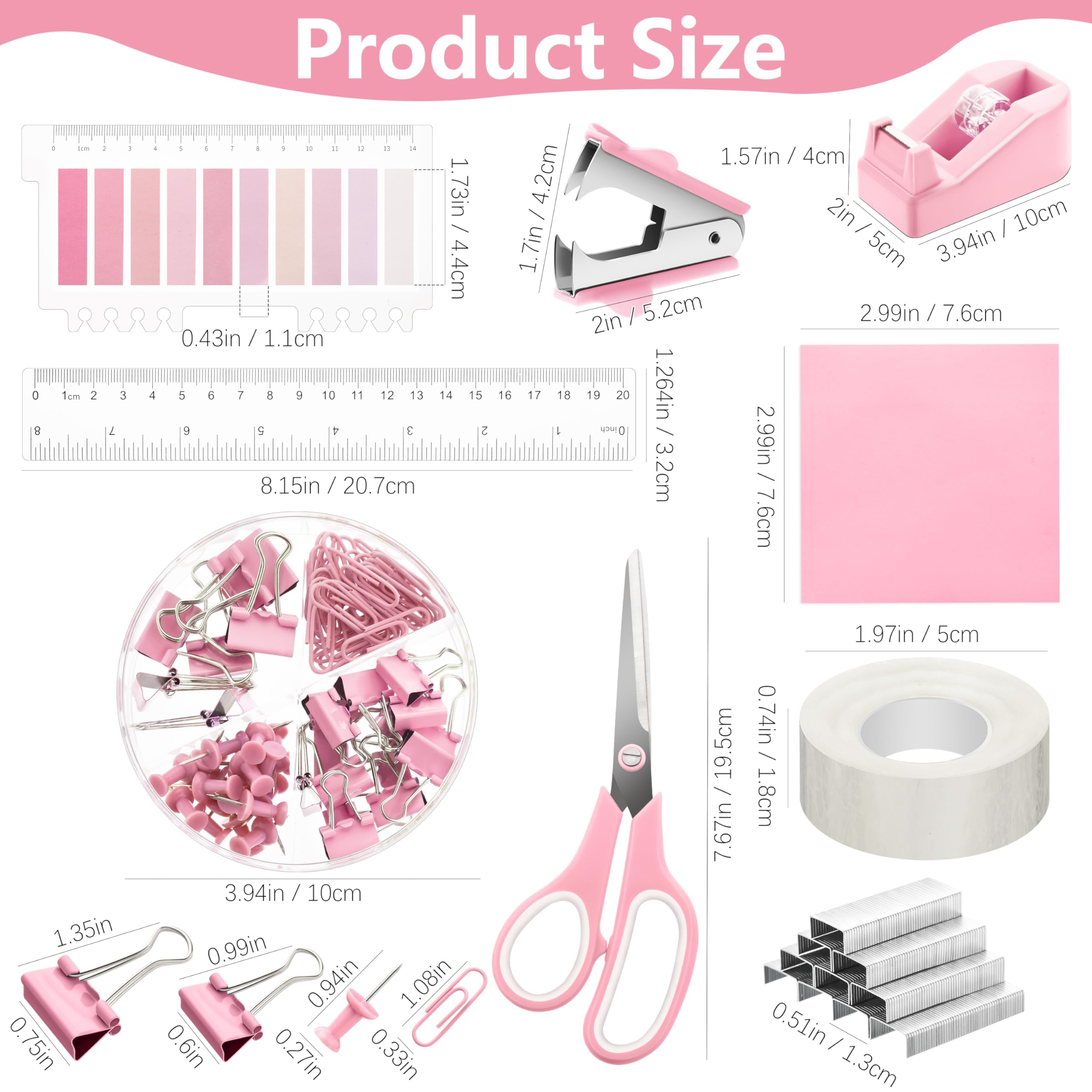 11-Piece Pink Office Supplies Set - Mesh Desk Organizer with Stapler, Tape Dispenser, Staple Remover, Clips, Ruler, Scissors & Sticky Notes - Perfect for Office, School, Home & Women's Workspace Organization (Pink)