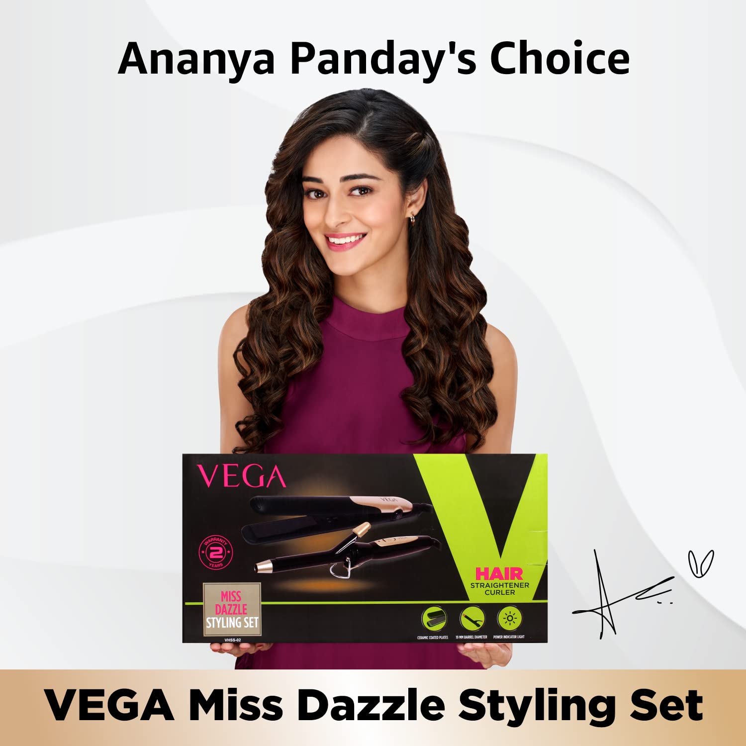 Vega Pro Touch 1800-2000W Professional Hair Dryer with 2 Nozzles, Ceramic Hair Straightener & 19mm Curling Iron - Salon Quality Styling Kit for Smooth, Shiny Hair at Home or Travel (Black)