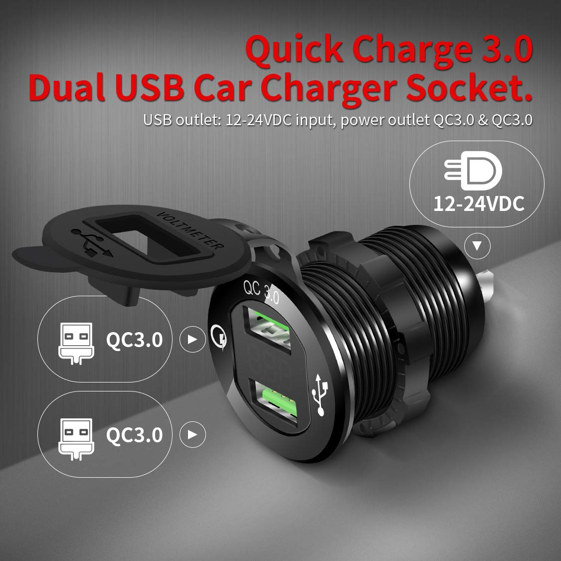 Fast Charging Car Outlet - Quick Charge 3.0 USB & 12V/24V Socket with LED Voltmeter for Automotive, Marine & ATV Use