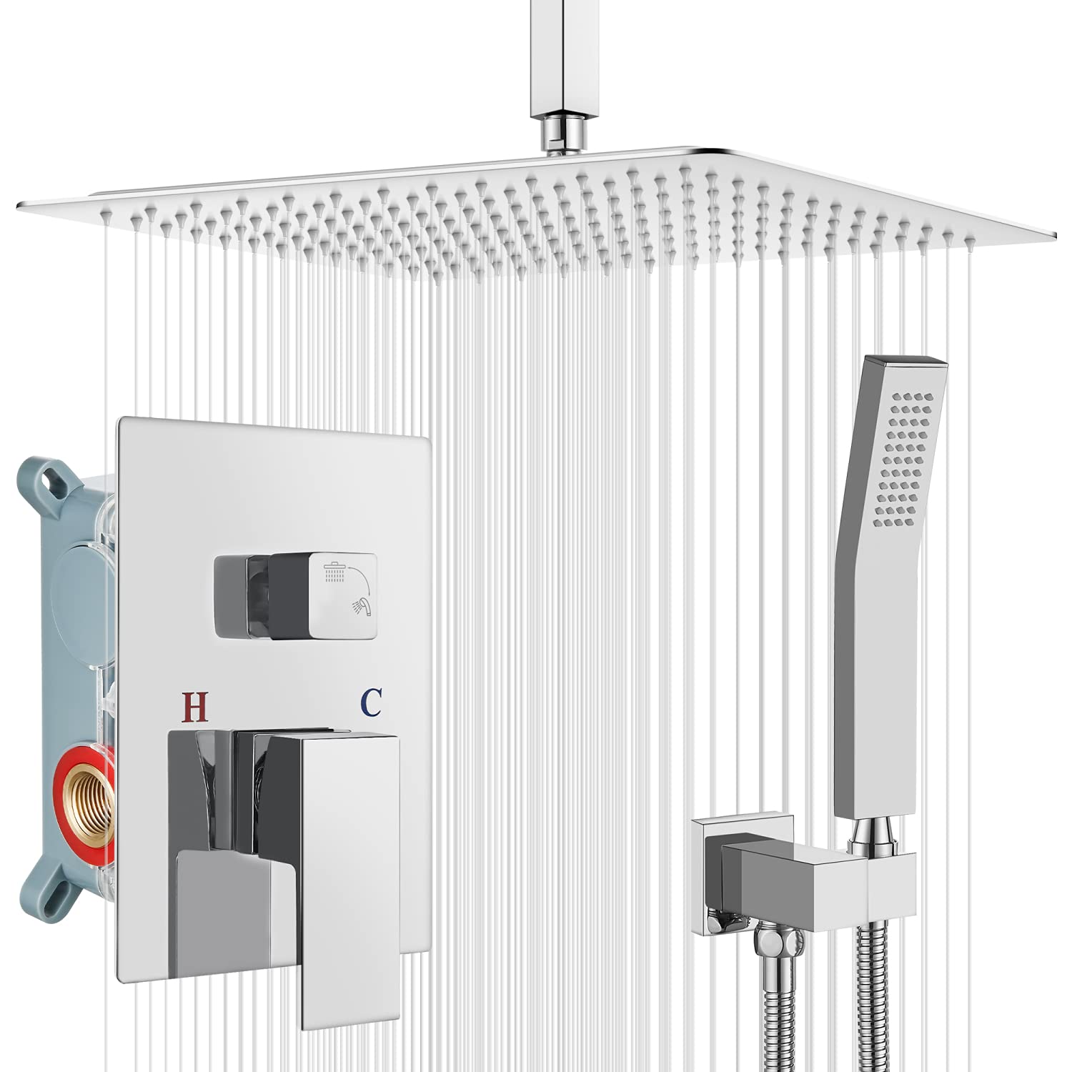 Kelmuel 16 Inch Rainfall Shower System - Chrome Polish Ceiling Mount Shower Head Combo with Handheld Spray, High Pressure Mixer Valve - Perfect for Luxury Bathroom Renovation & Spa-like Shower Experience