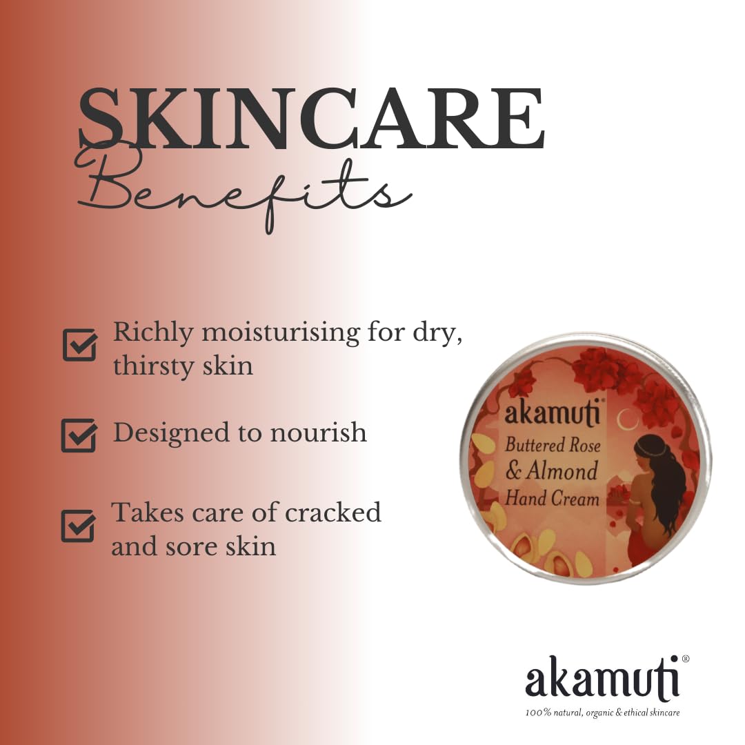 Akamuti Buttered Rose & Almond Hand Cream 50ml - Ultra Moisturizing & Nourishing for Dry Skin - Perfect for Winter Care, Office Use & Travel