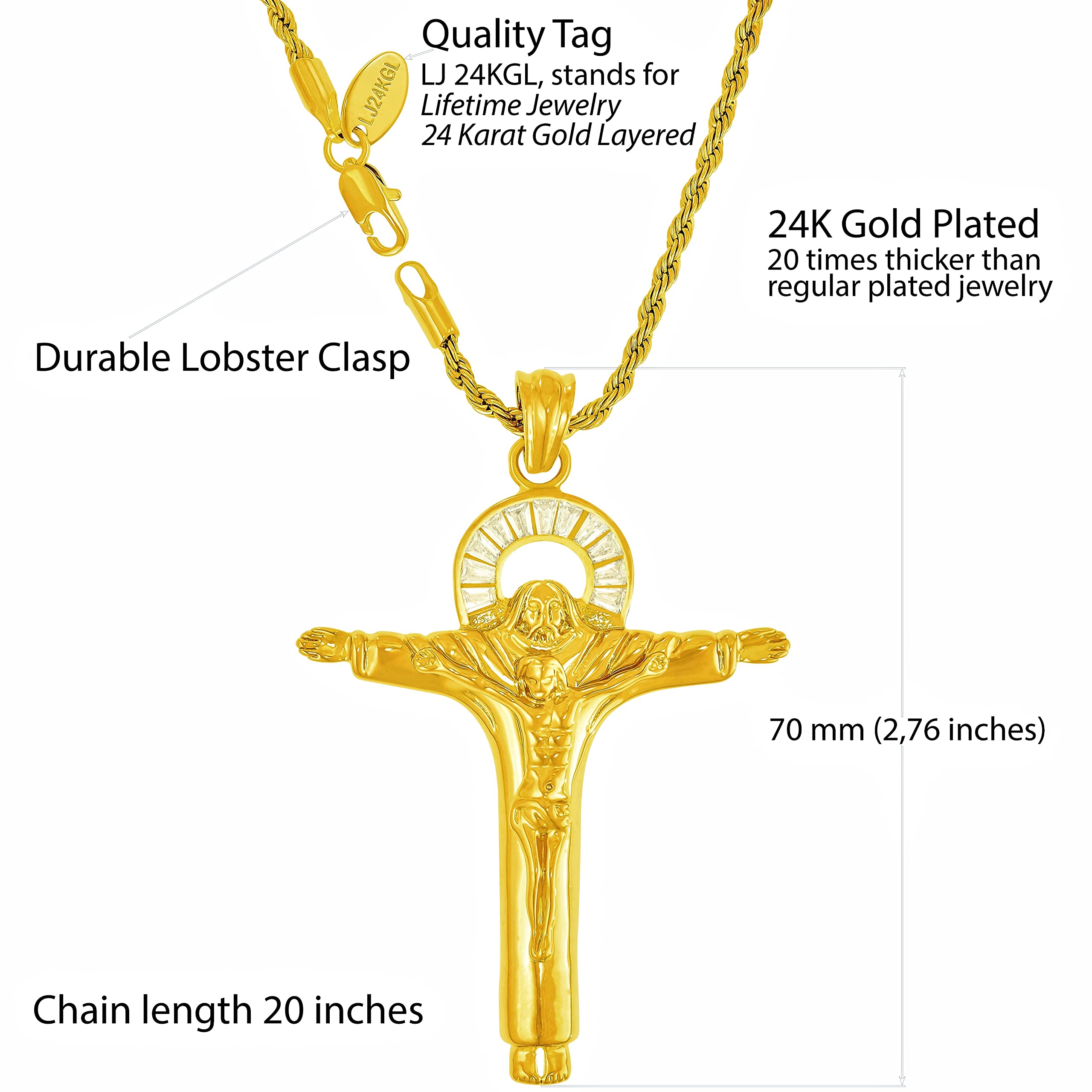 LIFETIME JEWELRY Large Cubic Zirconia Halo Jesus Cross Pendant Necklace - 24k Gold Plated Religious Jewelry for Women & Men - Perfect for Church, Baptism, Weddings & Everyday Faith Wear