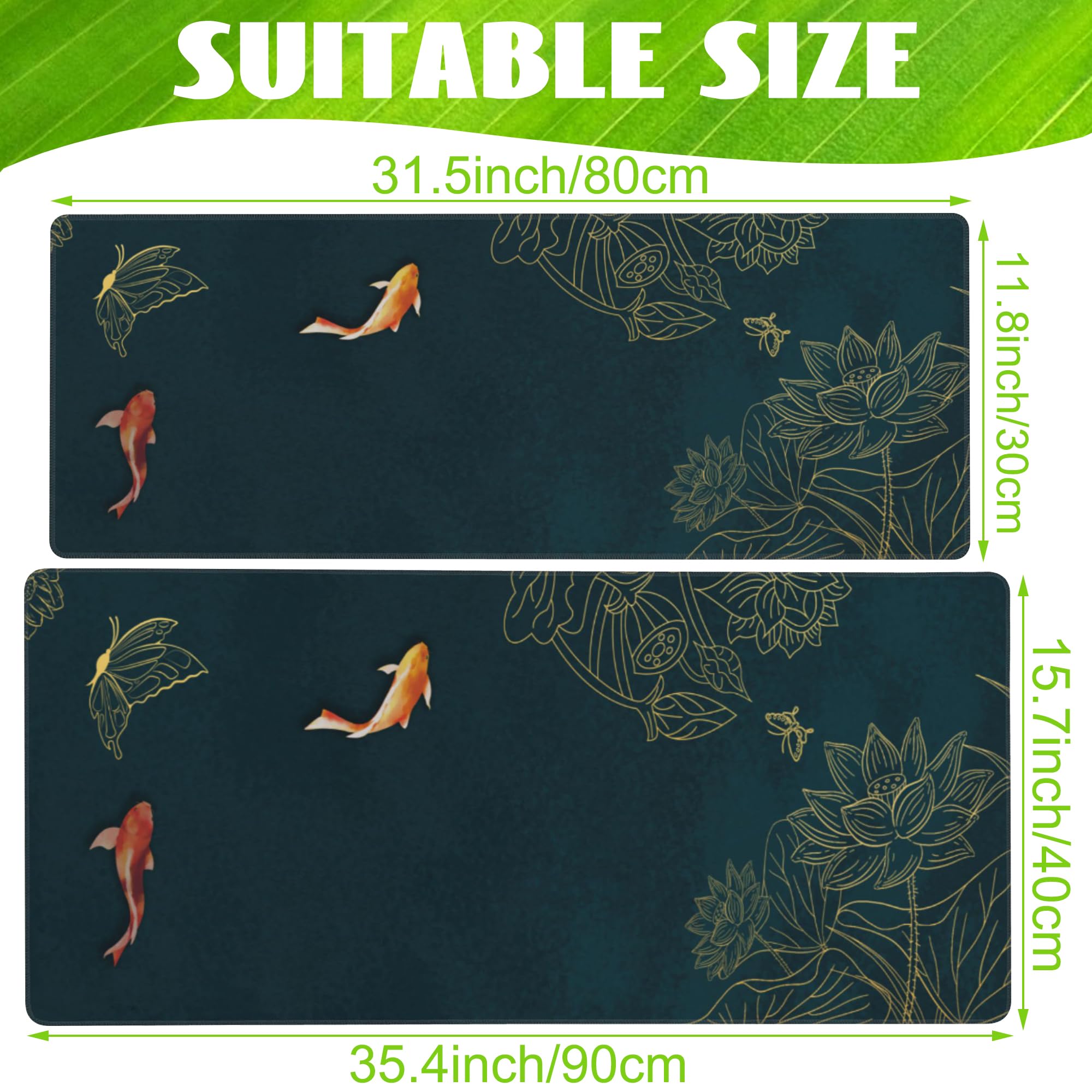 Large Gaming Mouse Pad with Koi Fish Ink Painting & Golden Lotus Design - Non-Slip Base, Stitched Edge, Extended XXL Size 35.4x15.7 Inches - Perfect for PC Gaming, Office Work & Home Computer Setup