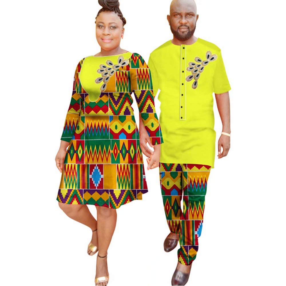 African Couples Matching Outfits - Long Sleeve Wax Print Shirt & Pants Set - Traditional Ankara Print for Valentine's Day, Anniversary, or Cultural Events