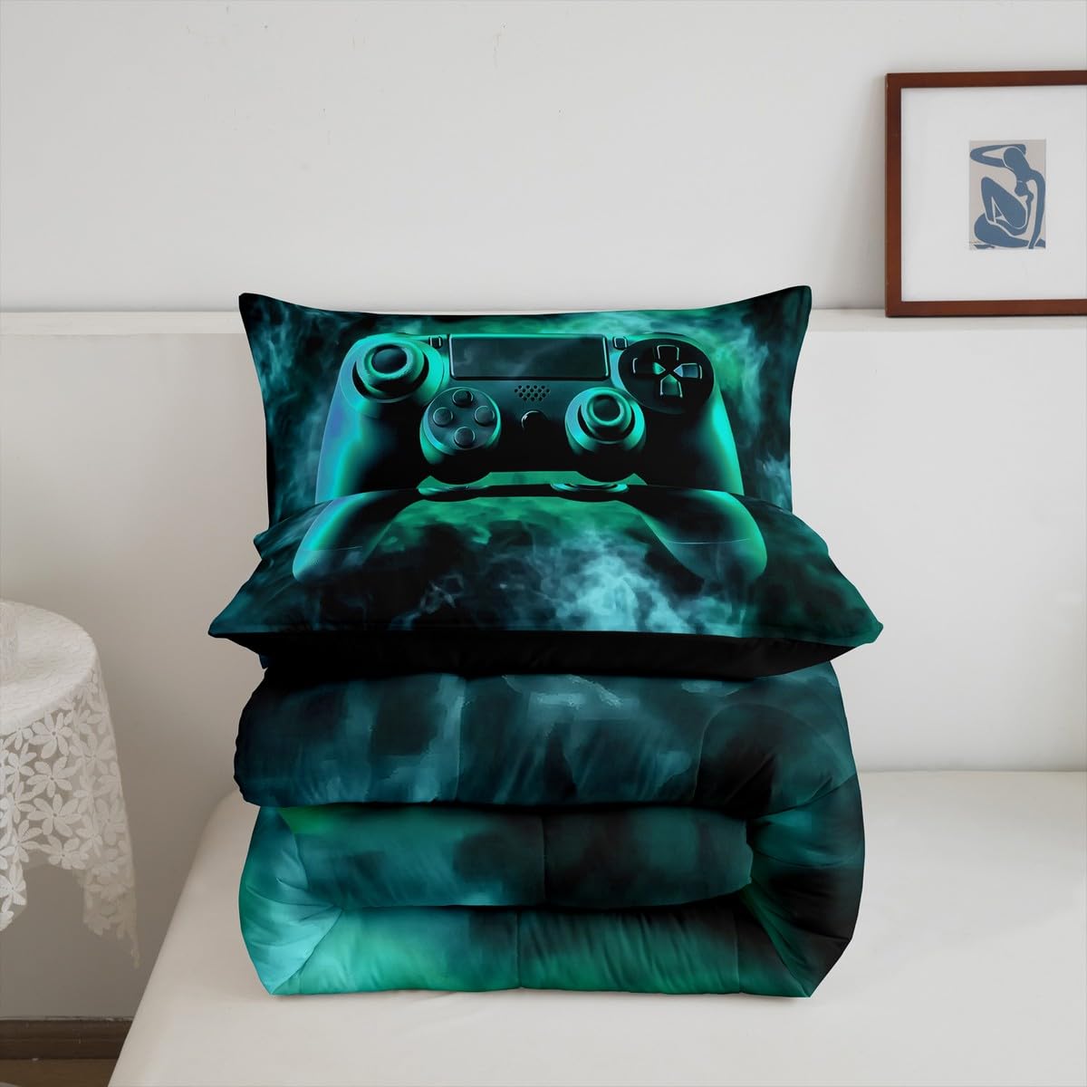 Erosebridal King Size Gaming Bedding Set for Boys & Kids - Green Gamer Comforter Set with Toddler Bed Sheets - Perfect for Teen Bedrooms, Game Room Decor & Sleepovers