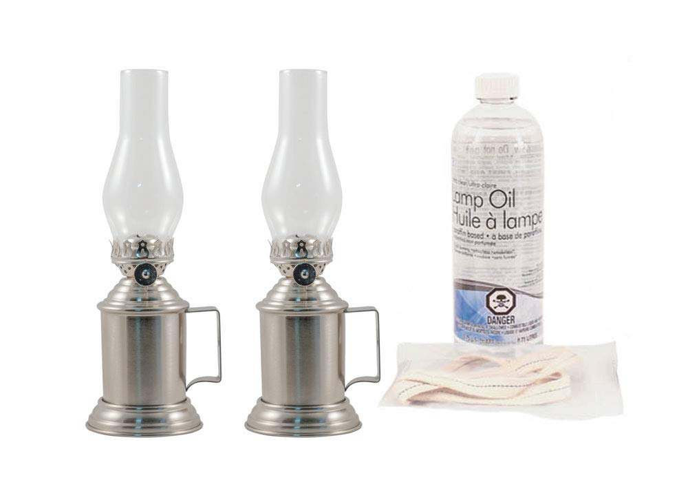 Vermont Brass Tavern Oil Lanterns Emergency Kit - 2 Pack with Wicks & Lamp Oil (Pewter Finish) for Power Outages, Camping & Home Decor