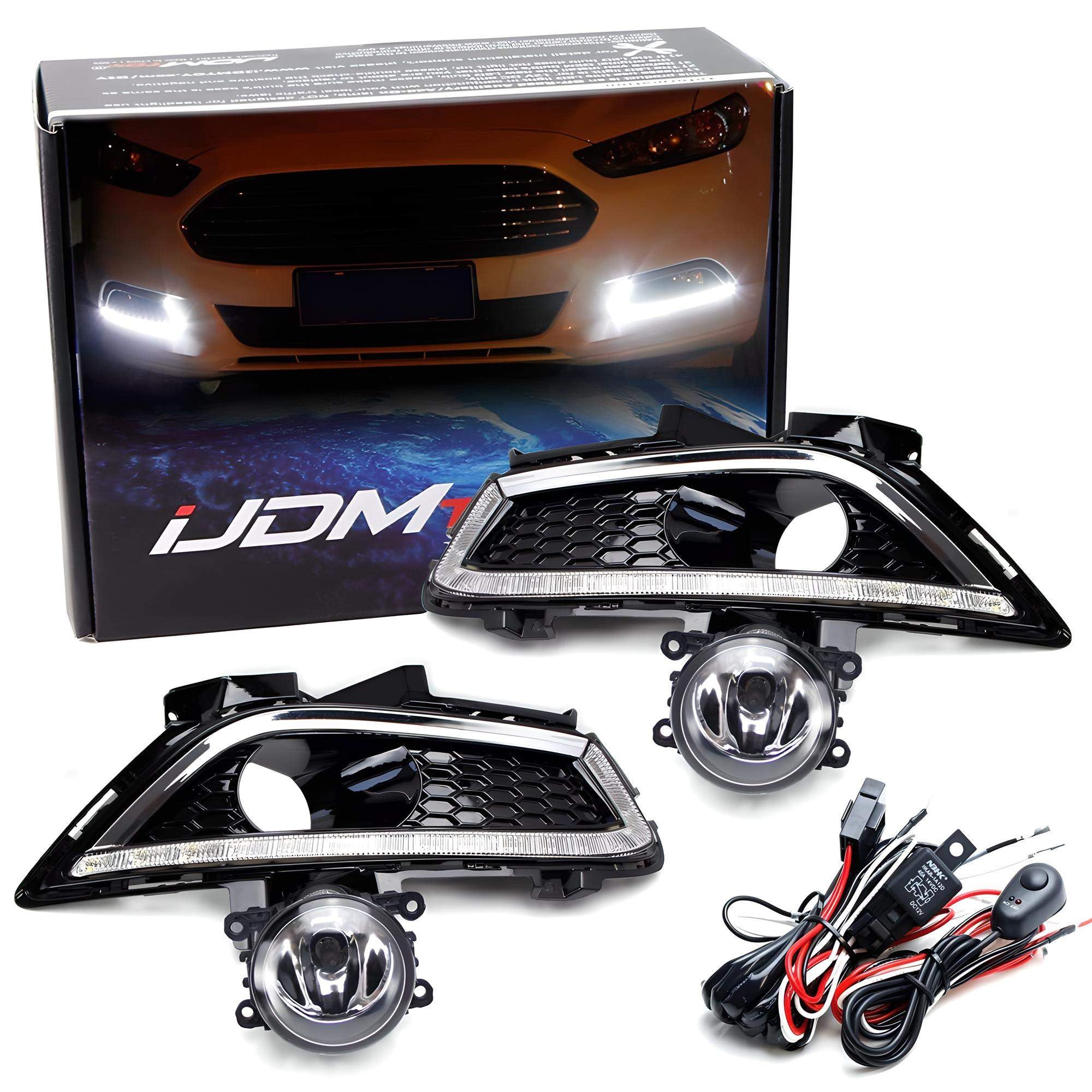 iJDMTOY LED Daytime Running Lights & Halogen Fog Lamp Kit for 2013-2016 Ford Fusion - Includes DRL Fog Bezels, Halogen Fog Lights & Wiring Harness - Perfect for Enhanced Visibility & Style on Night Driving and Bad Weather Conditions