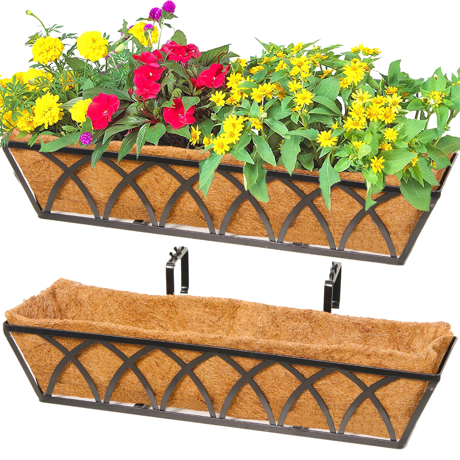 HFHOME 24 Inch Black Metal Window Deck Rail Planter with Coconut Coir Liner - Indoor/Outdoor Hanging Flower Basket for Windows, Decks, Balconies & Gardens - Set of 2 (24