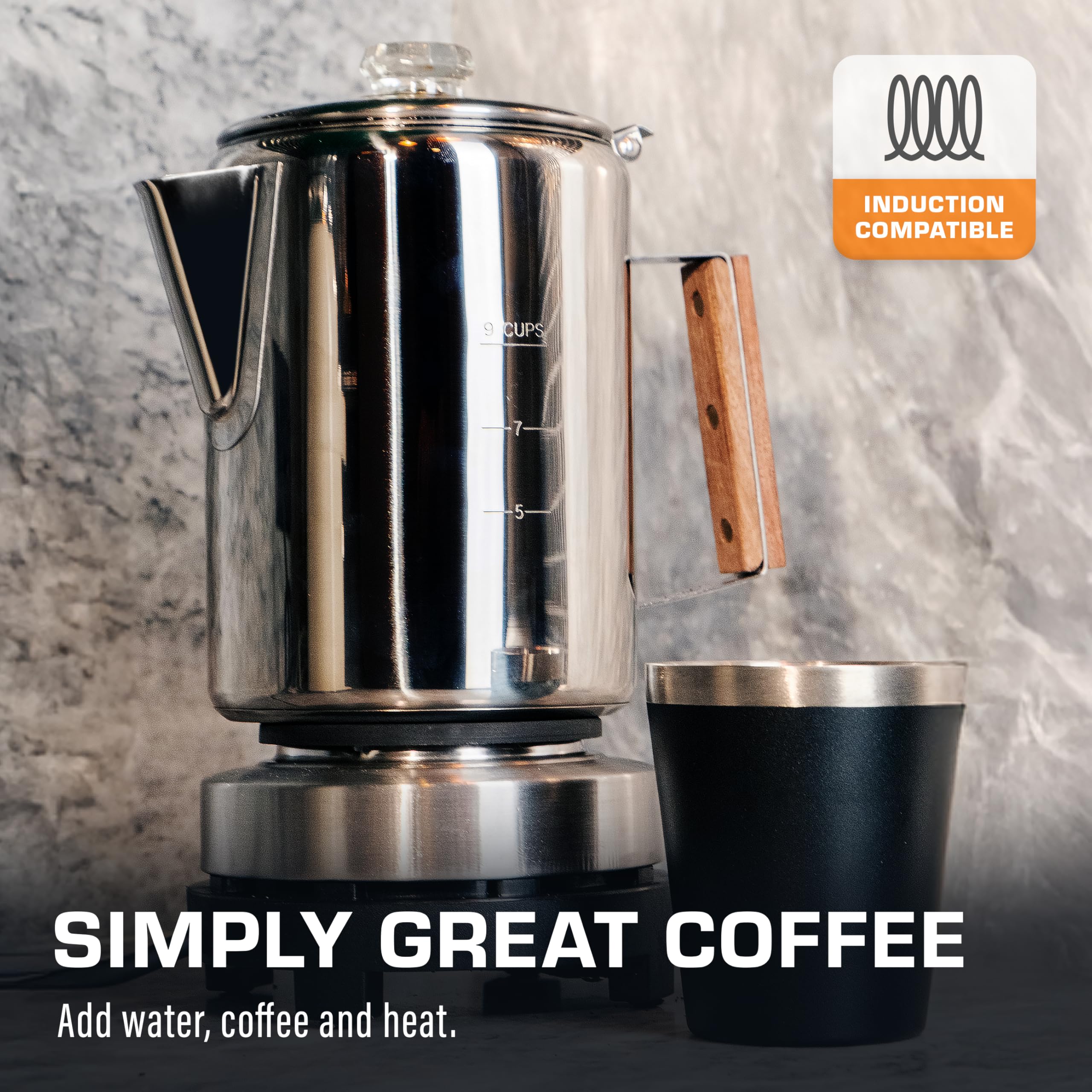 COLETTI Bozeman 9-Cup Induction Coffee Maker - Stovetop & Fire Compatible Percolator for Camping, Home & Office Use - Brews Rich Coffee on Induction, Gas & Electric Stoves