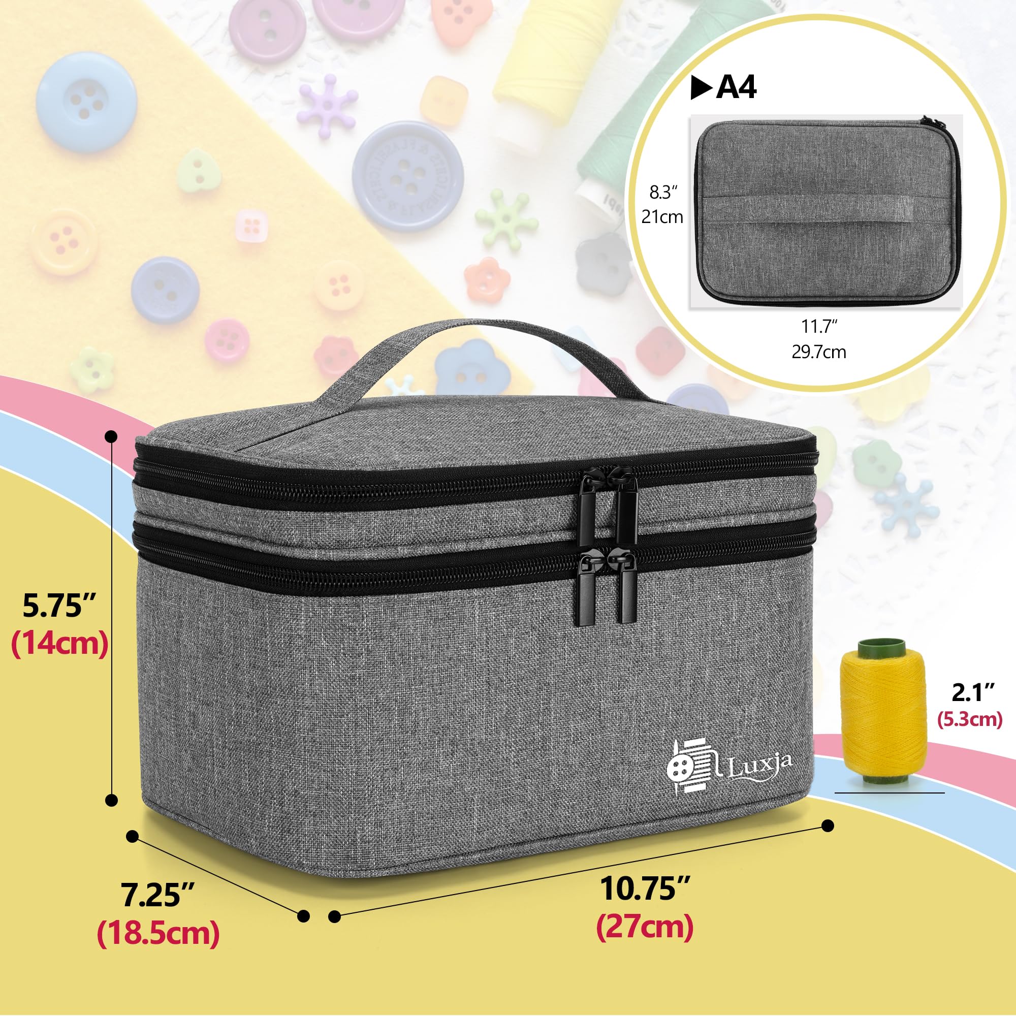Luxja Double-Layer Sewing Accessories Organizer - Large Gray Storage Case for Needles, Thread, Scissors, Measuring Tape & Sewing Tools | Perfect for Home Sewing, Quilting, Craft Projects & Travel