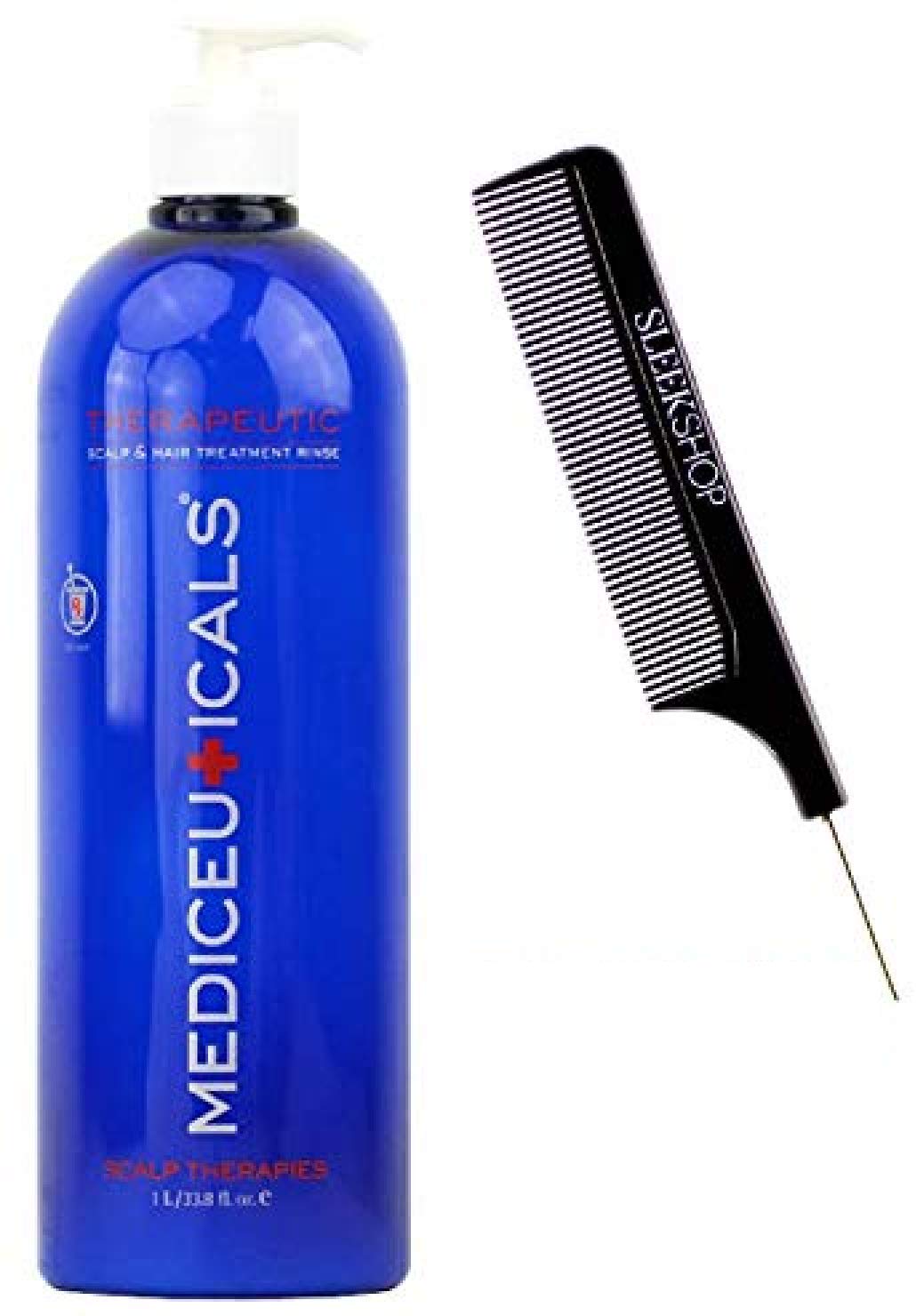 Therapro MEDIceuticals Therapeutic Scalp & Hair Treatment Rinse Conditioner with 0.5% Pyrithione Zinc - 33.8 oz (1000ml) Large Size - Includes Sleek Steel Pin Tail Comb - For Dandruff, Psoriasis & Dry Scalp Relief - Perfect for Daily Hair Care Routine