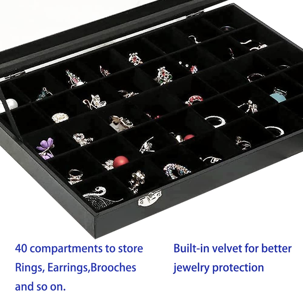 40 Grid Clear Lid Jewelry Organizer Box with Transparent Glass Top & Velvet Lining - Earring, Ring, Necklace Storage with Removable Dividers - Perfect for Dresser, Vanity, Travel & Gift Giving