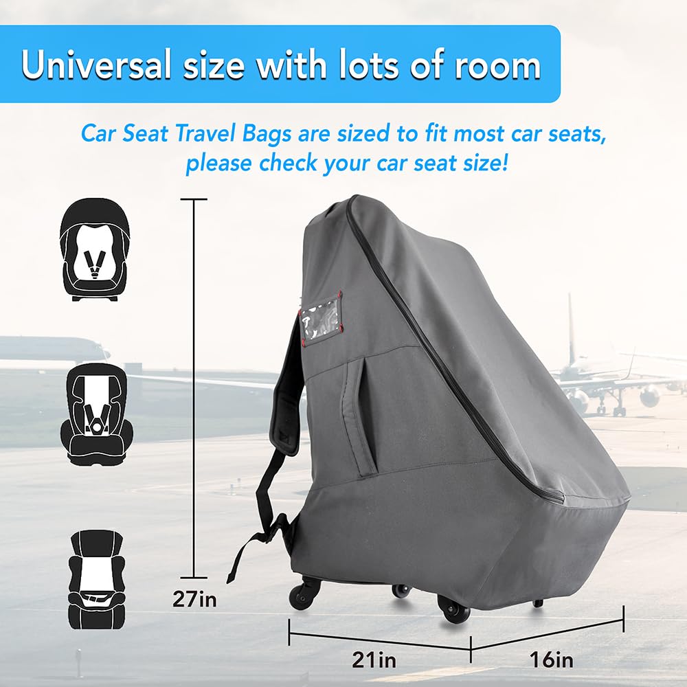 Best Padded Car Seat Travel Bag with Wheels - Airplane Approved, Durable Grey Car Seat Cover for Easy Transport - Perfect for Air Travel, Road Trips & Storage