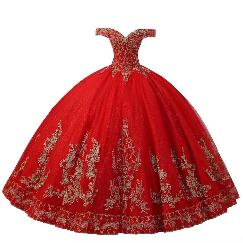 Exquisite Gold Embroidered Beaded Tulle Ball Gown - Off Shoulder Quinceanera Dress for Sweet 15 Girls | 2025 Trendy Formal Gown for Quinceañera, Debutante Ball & Special Occasions