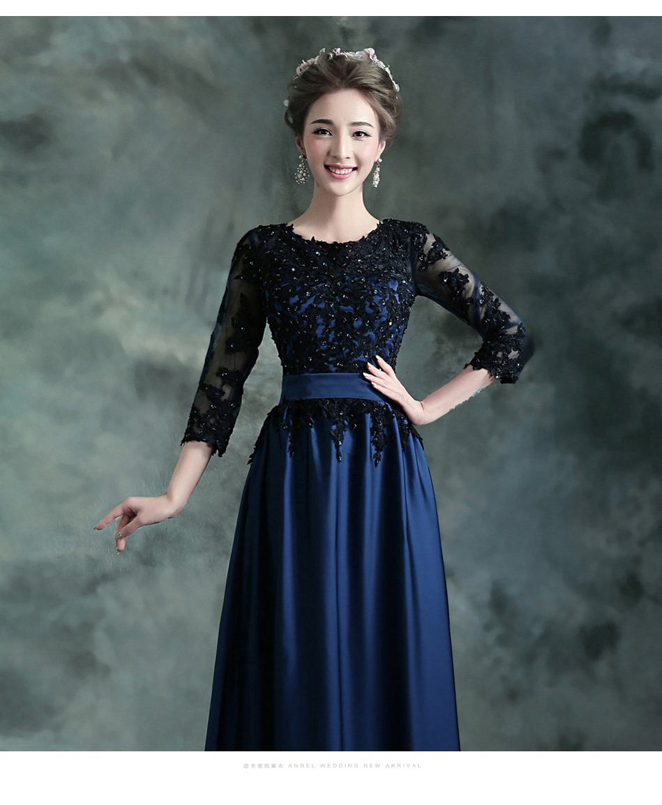 Elegant Navy Blue A-Line Jewel Neckline 3/4 Sleeve Long Prom Dress 12642 | Formal Evening Gown for Homecoming, Ball & Special Occasions