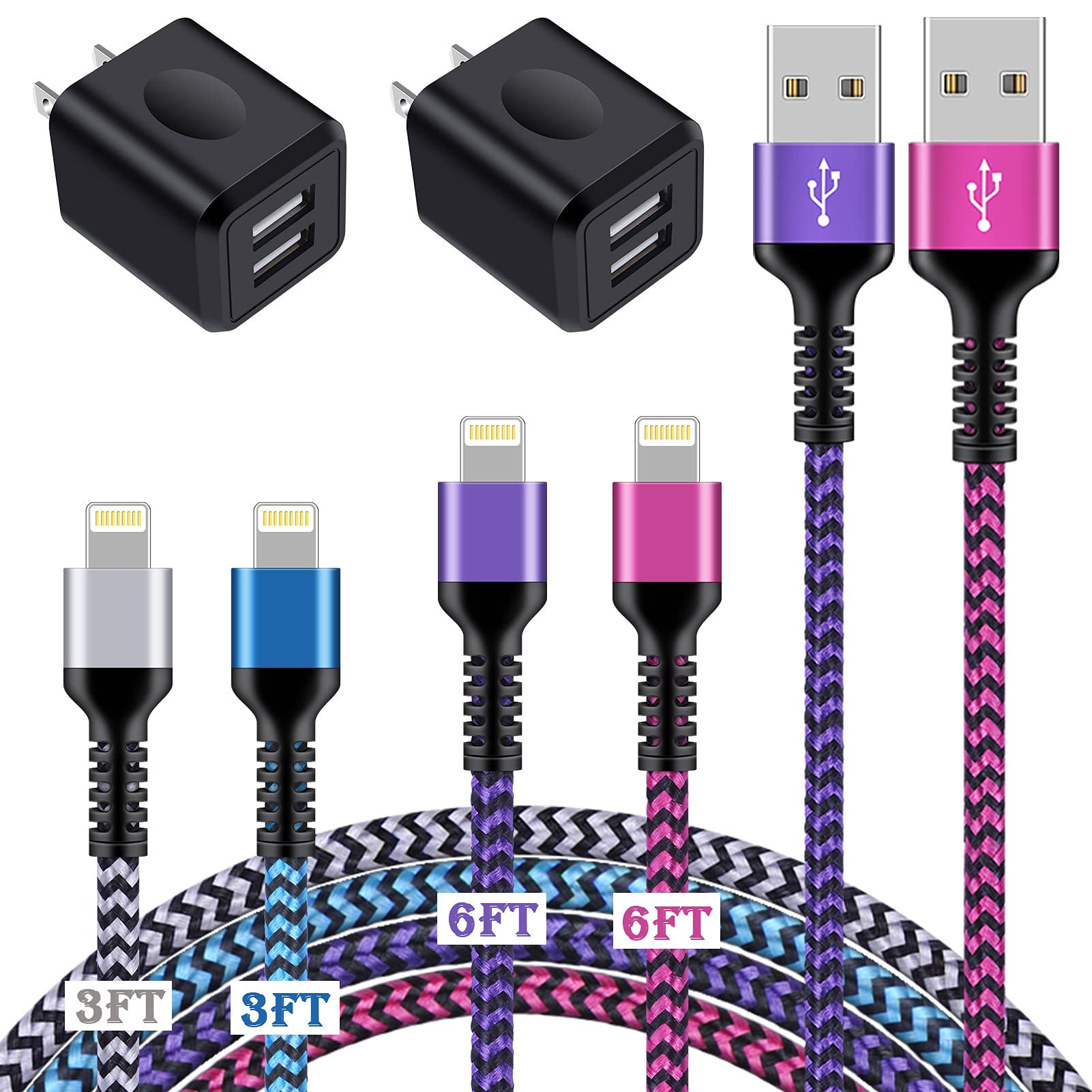 4+2 Pack iPhone Charger Fast Charging USB Cable - Braided Durable & Multi Color Long Cord with Dual Port Wall Charger Adapter for iPhone 14/13/12 Pro Max/SE/11/XS/XR/8/7/6 & iPad Air - Perfect for Home, Office & Travel Charging