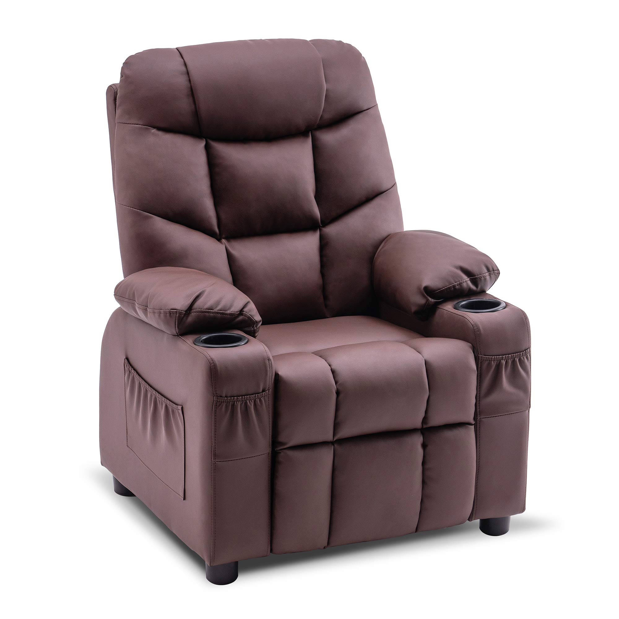 Mcombo Kids Recliner Chair with Cup Holders & Side Pockets - Faux Leather Gaming Chair for Boys and Girls Ages 3+, Light Brown 7366 - Perfect for Bedroom, Playroom, or Movie Night Relaxation