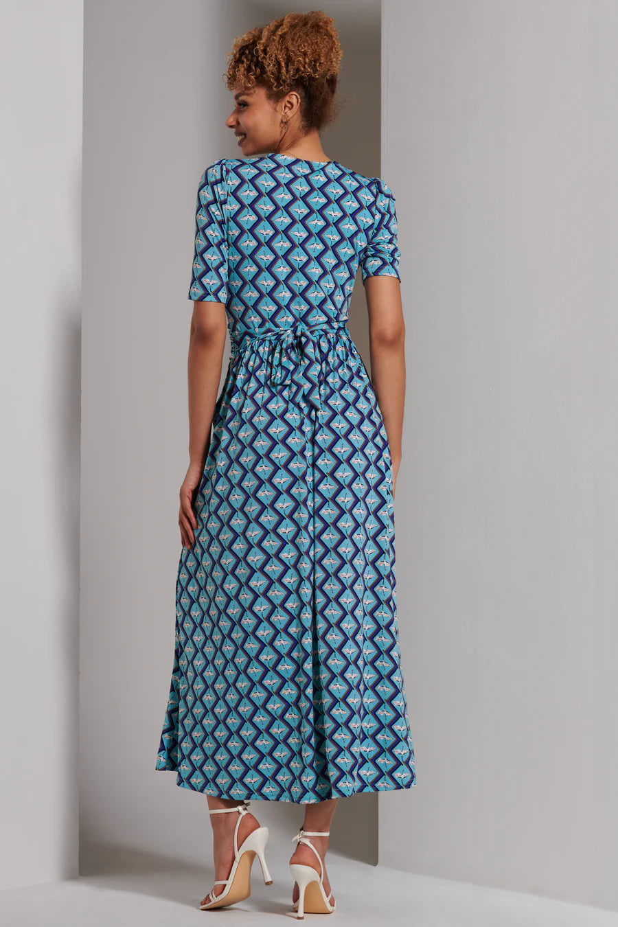 Bree Half Sleeve Jersey Maxi Dress - Green Geometric Print Flowy Summer Dress for Women | Perfect for Beach Vacation, Date Night & Casual Outings