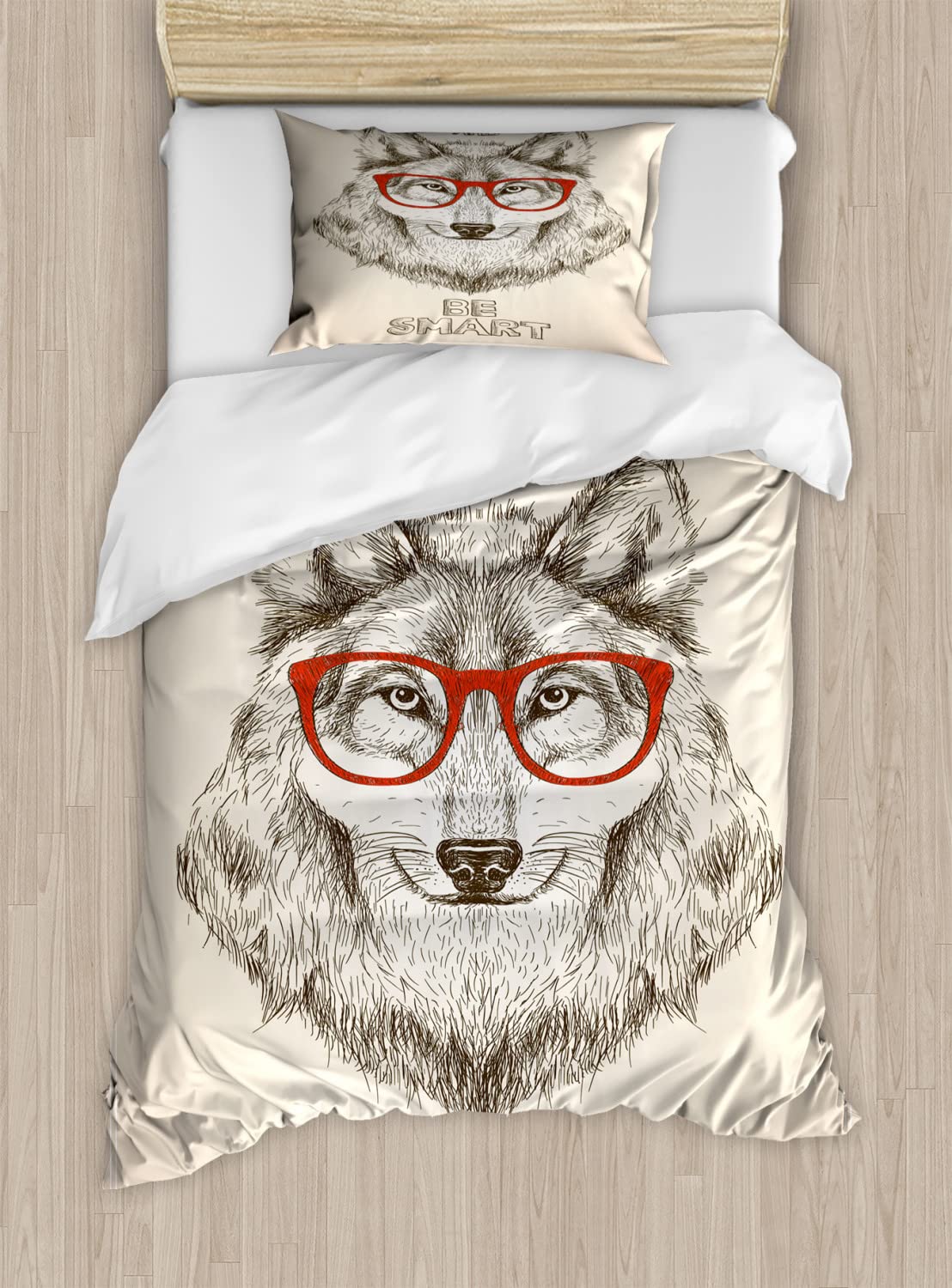 Ambesonne Keep Calm Duvet Cover Set - Funny Wolf with Glasses & 'Be Smart' Design | 2-Pack Queen Size Bedding Set (Pale Mustard Taupe) with 2 Duvet Covers & 4 Pillowcases | Perfect for Teen Rooms, College Dorms & Humorous Home Decor