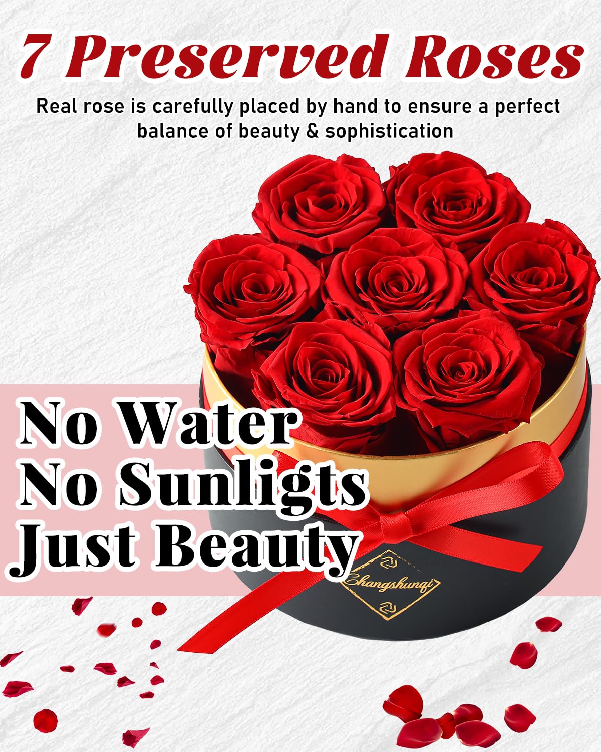 Changshunqi Forever Preserved Roses in a Box - 7 Long-Lasting Roses (2-3 Years) | Eternal Rose Gift for Women, Wife, Mom | Birthday, Anniversary, Mother's Day Flowers | Perfect for Home Decor, Wedding Centerpieces & Romantic Surprises