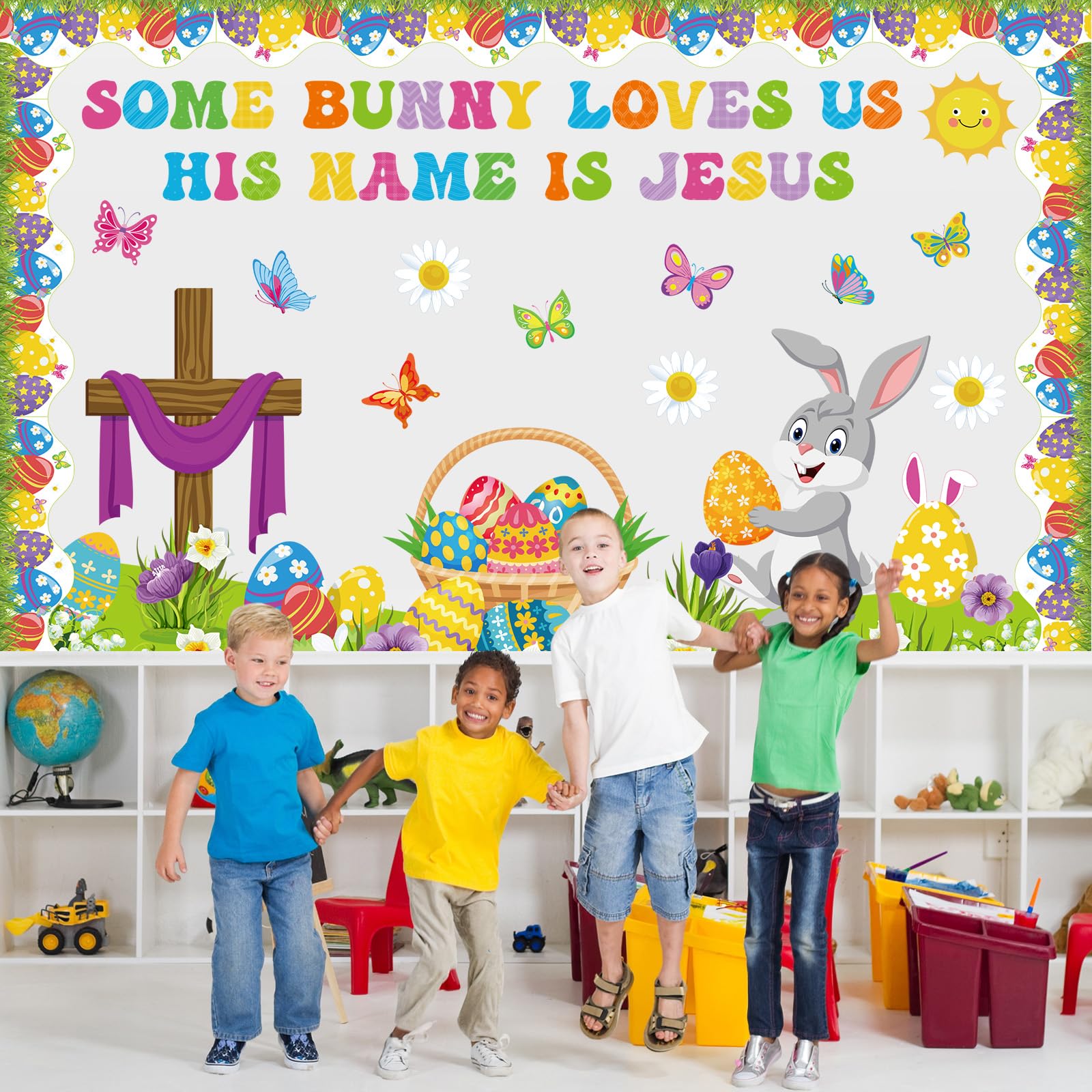 Pasimy Easter Bulletin Board Decorations Set - Christian Easter Classroom Decor with Bunny & Egg Cutouts - Spring Party Supplies for School, Nursery, Easter & Birthday Celebrations (Cross Design) - Perfect for Sunday School, Church Events & Spring Classroom Displays
